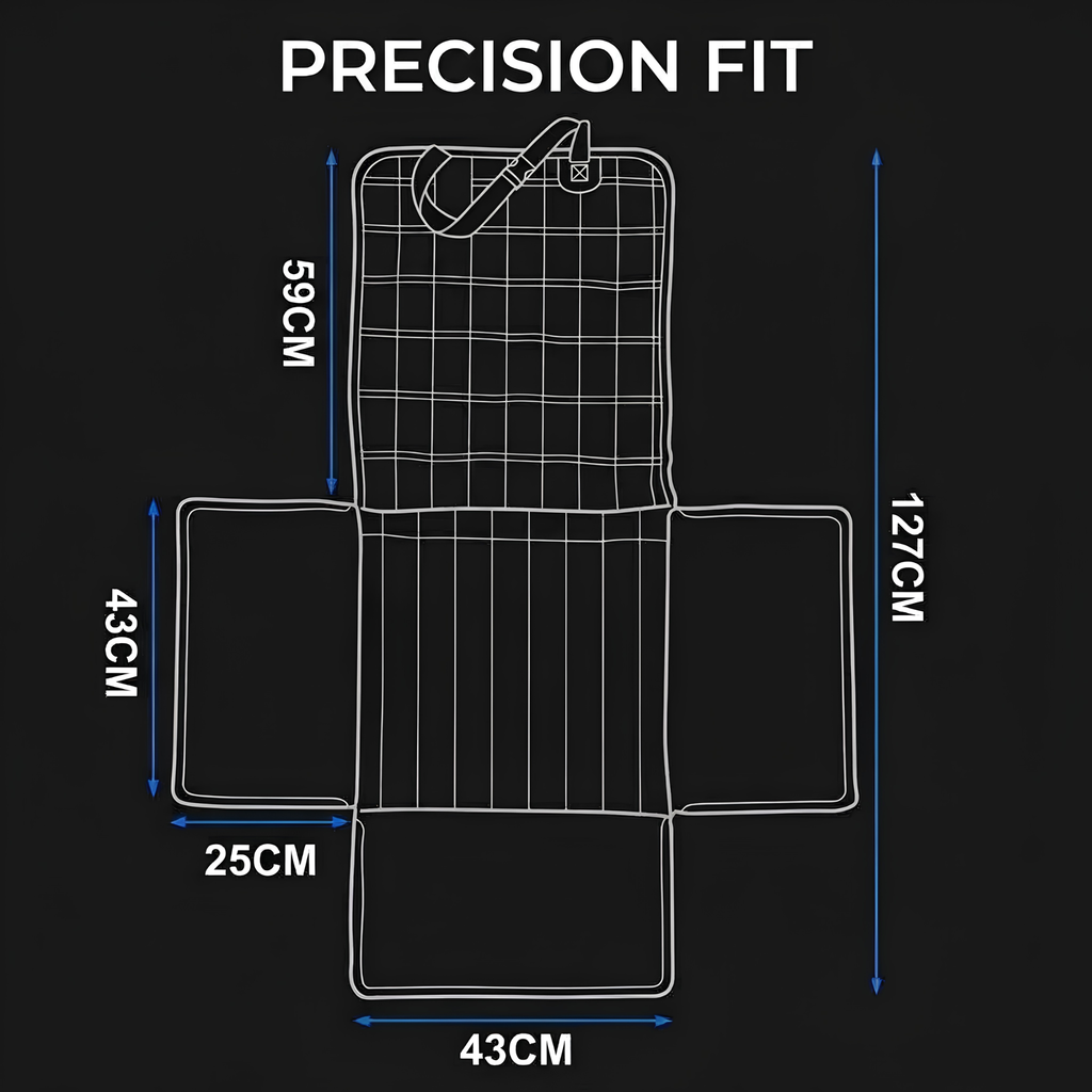 A black informational graphic with the text 'PRECISION FIT' at the top and a white line drawing of a padded mat or pad layout with blue dimension arrows and measurements including 59CM, 127CM, 43CM, 25CM, and 43CM.