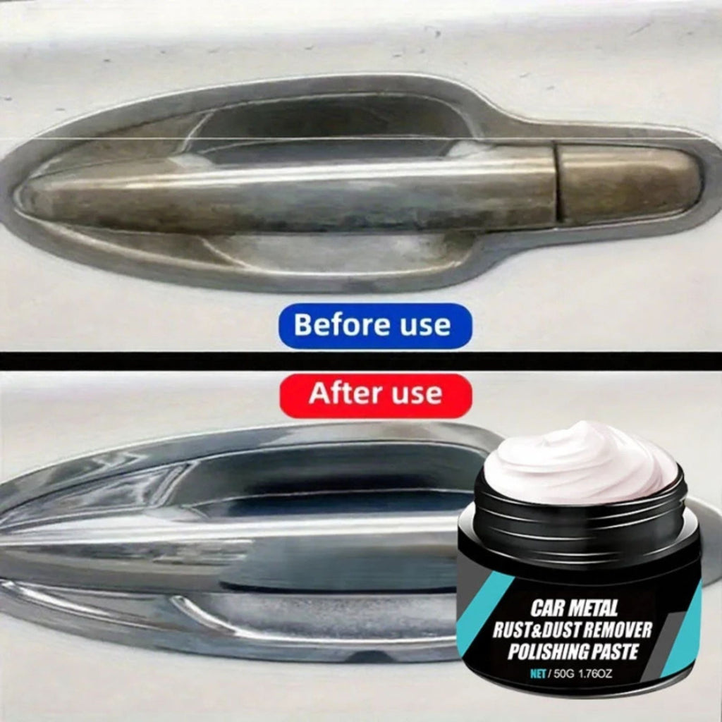 Before and after photo of a chrome door handle cleaned with Wheel Hub Rust Remover paste, rust and oxidation removed