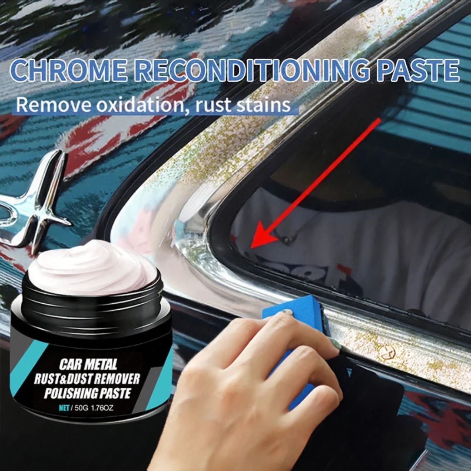 Hand applying Wheel Hub Rust Remover chrome reconditioning paste to a car windscreen trim to remove oxidation and rust stains