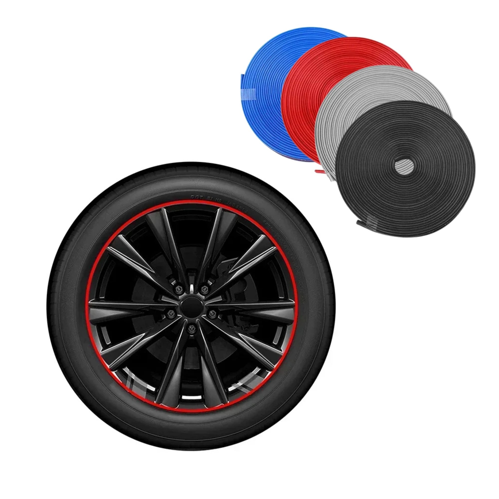 Red, blue, grey and black wheel rim protector strip coils displayed beside a black alloy wheel fitted with a red rim guard strip on a white background