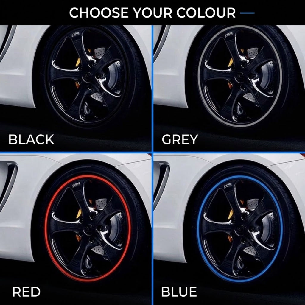 A four-panel color selection graphic showing black, grey, red, and blue wheel trim/decal options applied to a car wheel, with the text 'CHOOSE YOUR COLOUR' at the top and labels beneath each panel.