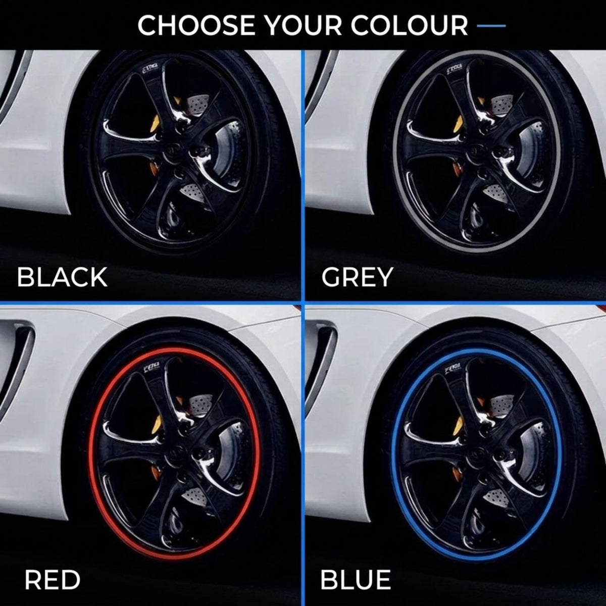 A four-panel color selection graphic showing black, grey, red, and blue wheel trim/decal options applied to a car wheel, with the text 'CHOOSE YOUR COLOUR' at the top and labels beneath each panel.