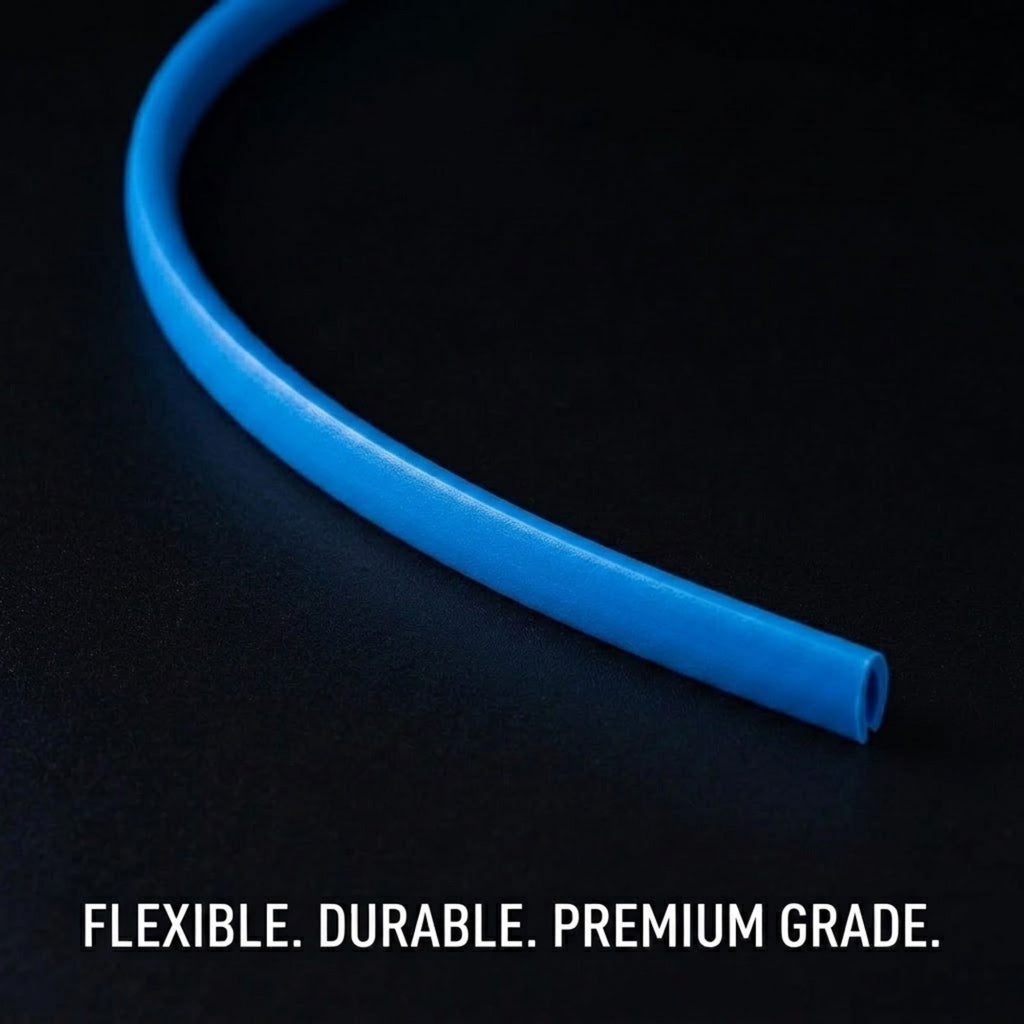 A bright blue flexible tube curving on a black background with the text 'FLEXIBLE. DURABLE. PREMIUM GRADE.' at the bottom.