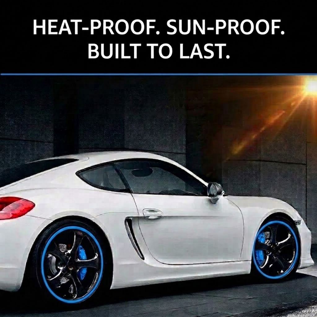 A white sports coupe parked outdoors against a dark wall, with a black banner at the top reading 'HEAT-PROOF. SUN-PROOF.