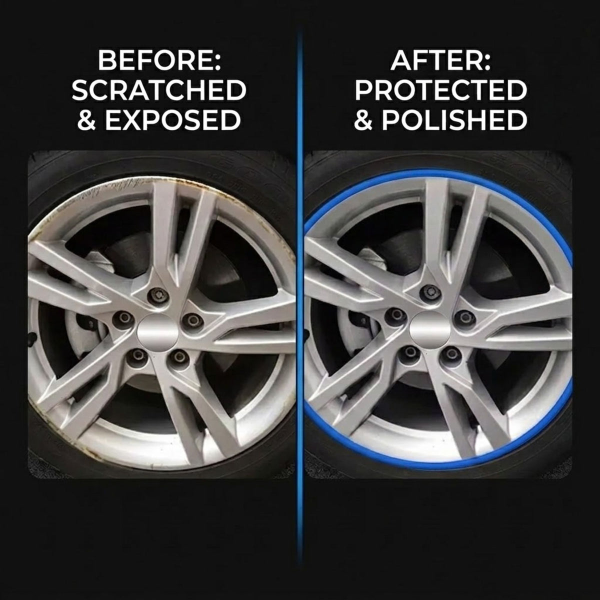 Before-and-after comparison of a silver car wheel rim, showing scratches and exposure on the left and a protected, polished finish with a blue protective coating on the right.