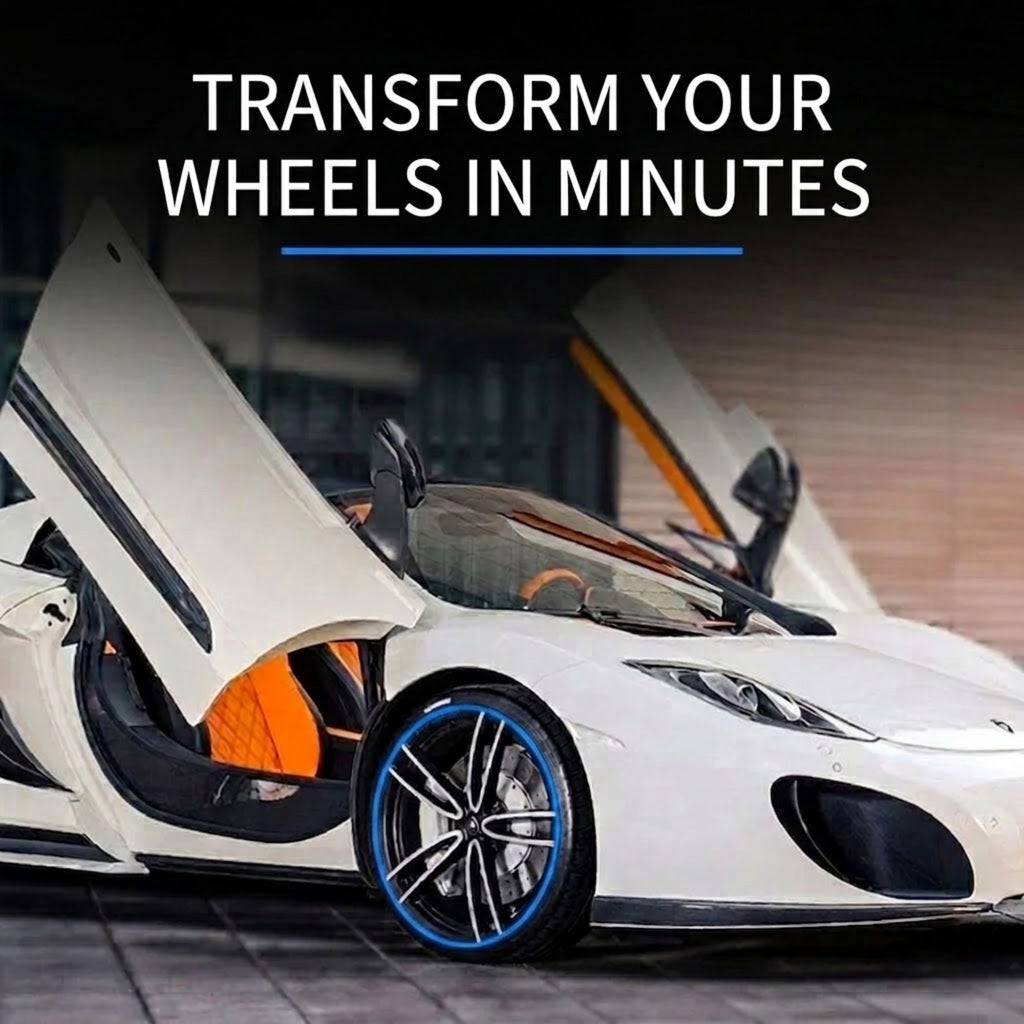 A white sports car with its doors open, shown in a real indoor setting with large overlaid text reading 'TRANSFORM YOUR WHEELS IN MINUTES'. The product appears to be wheel covers or a wheel customization kit, demonstrated on the car wheels.