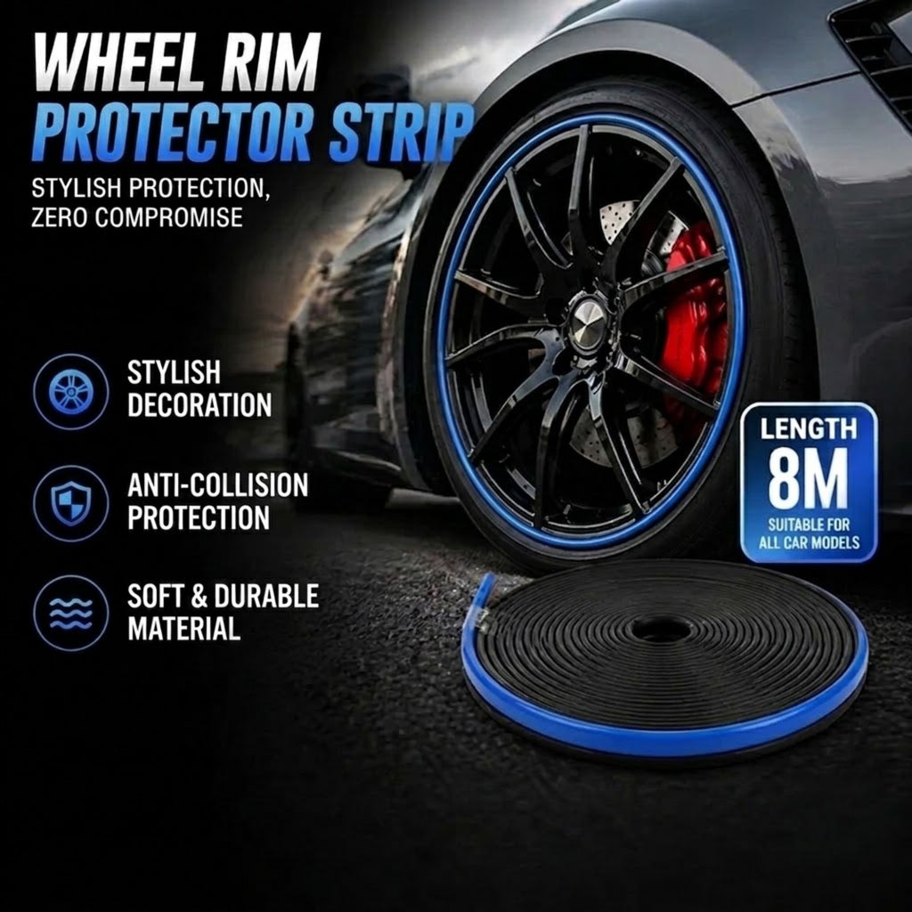 A black wheel rim protector strip with a blue edge is shown coiled on the ground next to a car wheel. The image includes marketing text highlighting features like stylish decoration, anti-collision protection, and soft durable material, along with a badge indicating 8M length.