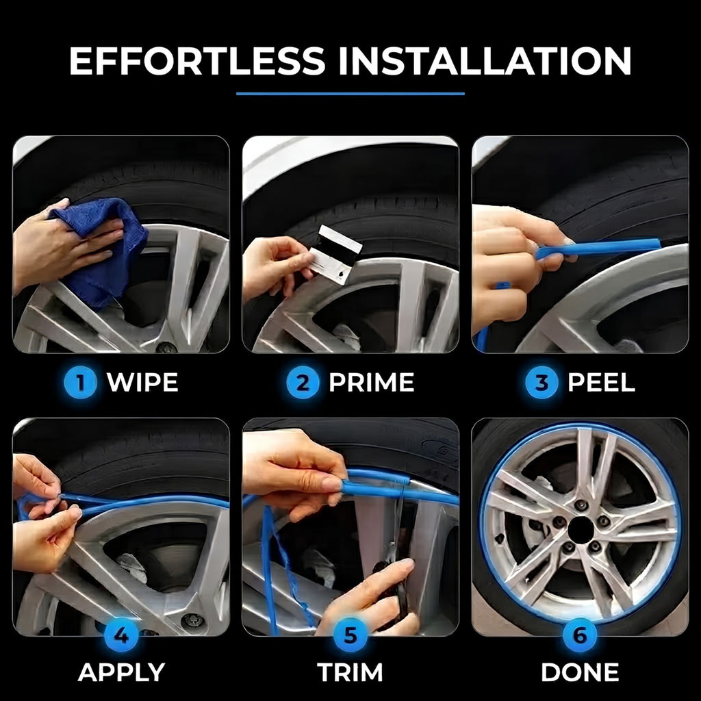 Instructional graphic showing six steps for effortless tire chock installation: wipe the wheel, prime the area, peel the protective layer, apply the blue chock, trim excess material, and complete the installation. The text 'EFFORTLESS INSTALLATION' appears at the top on a black background.
