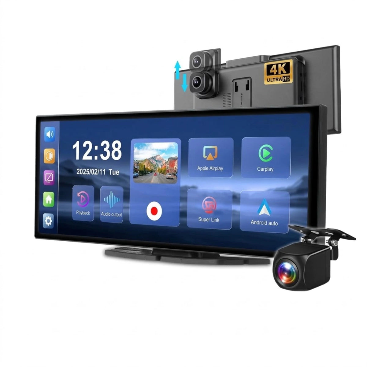 Widescreen 4K CarPlay Dash Cam with 11.26 inch touchscreen, front 4K camera and rear reversing camera on white background