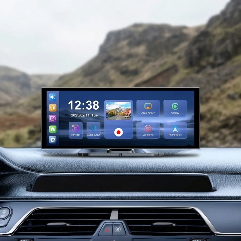 Widescreen 4K CarPlay Dash Cam mounted on a car dashboard showing the home screen with a mountain road view ahead