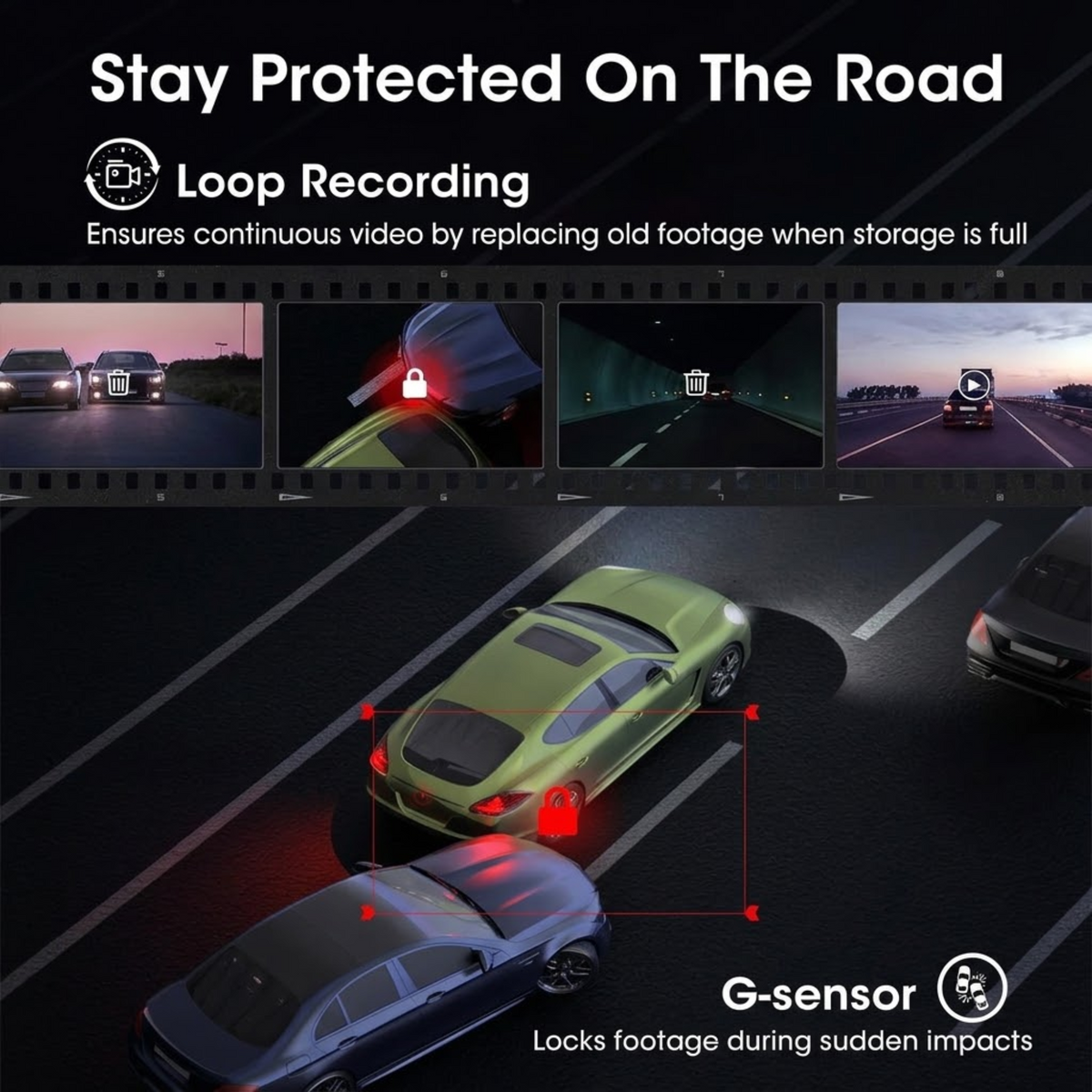 Widescreen 4K CarPlay Dash Cam loop recording and G-sensor feature locking footage of a rear-end collision between two cars