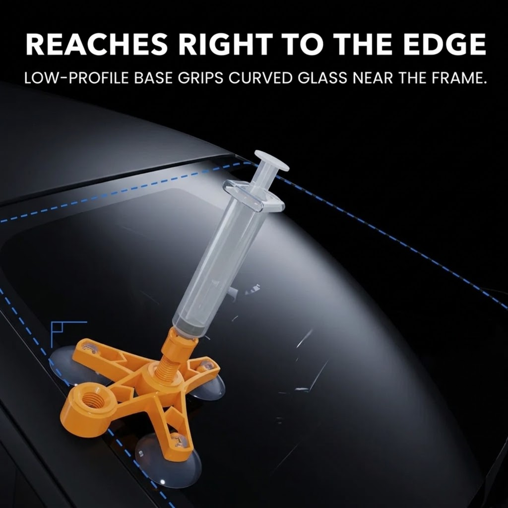 Windscreen Repair Kit low-profile orange bridge and syringe suction-mounted near the edge of a curved car windscreen