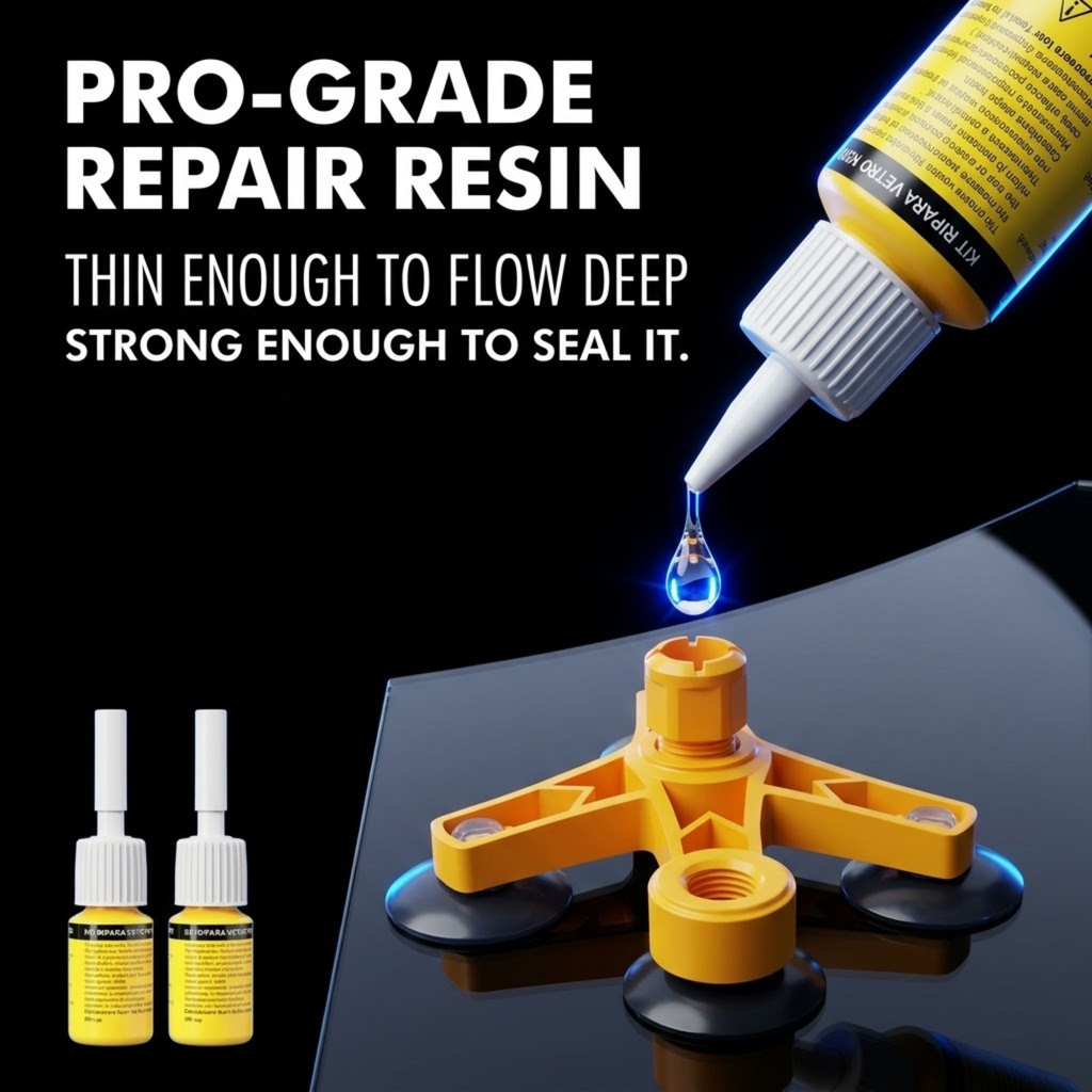 Windscreen Repair Kit resin bottle dispensing a drop into the orange injector bridge on dark windscreen glass