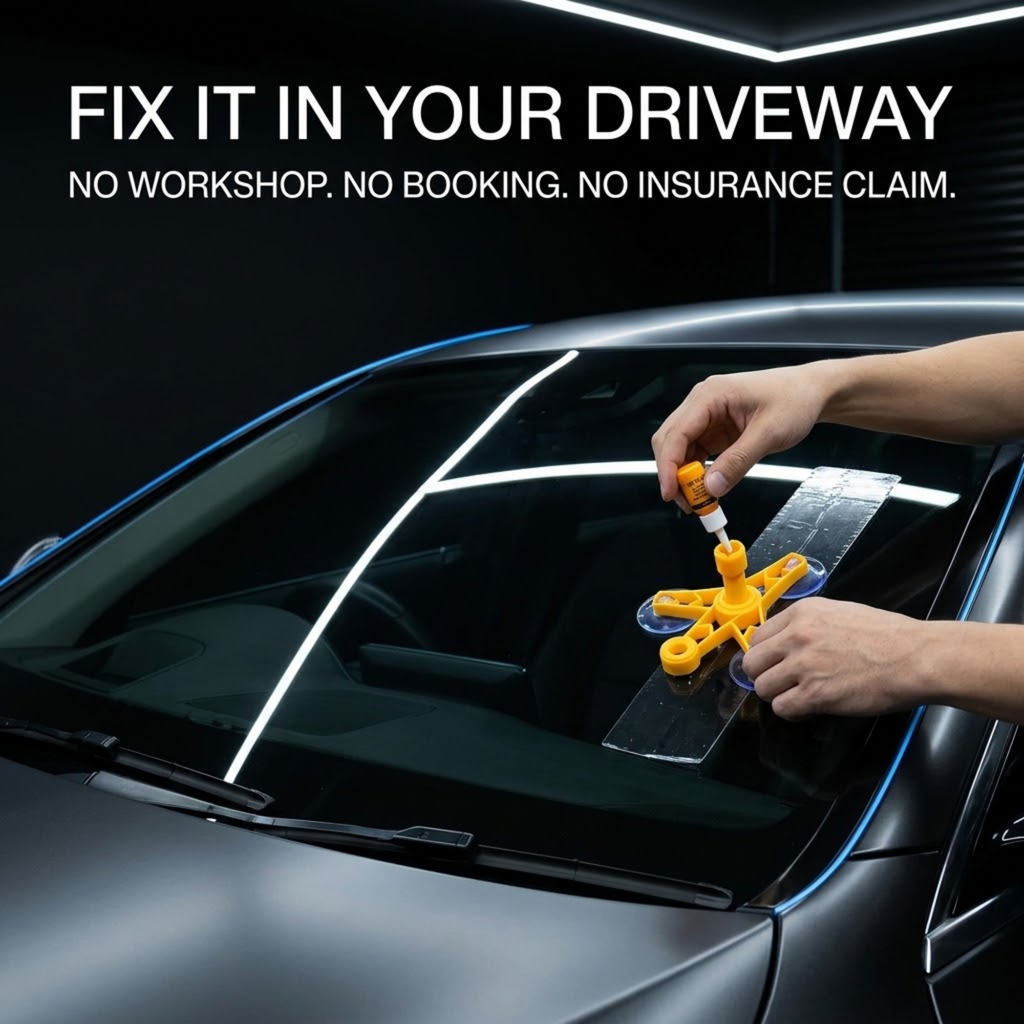 Person adding resin to the Windscreen Repair Kit orange injector bridge mounted on a car windscreen