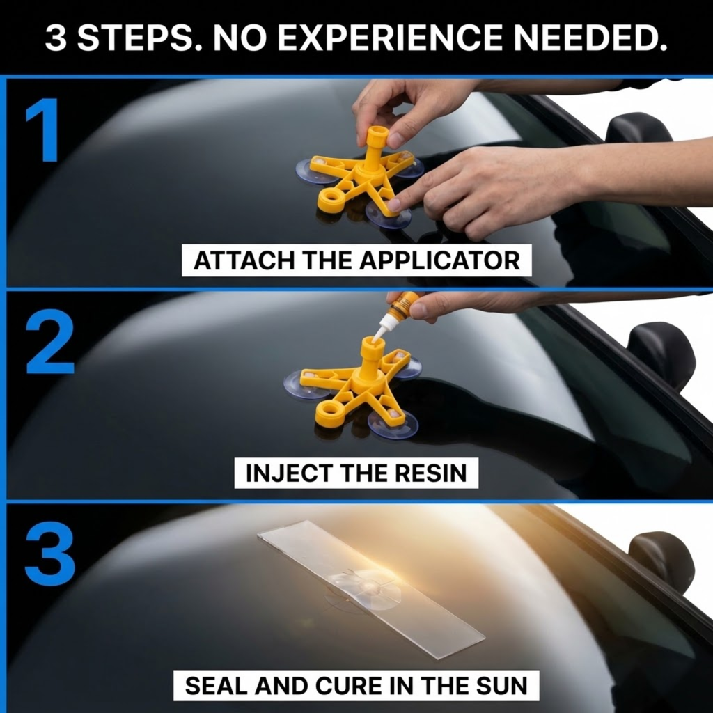 Three-step Windscreen Repair Kit guide showing attaching the applicator, injecting the resin and curing under clear film in sunlight