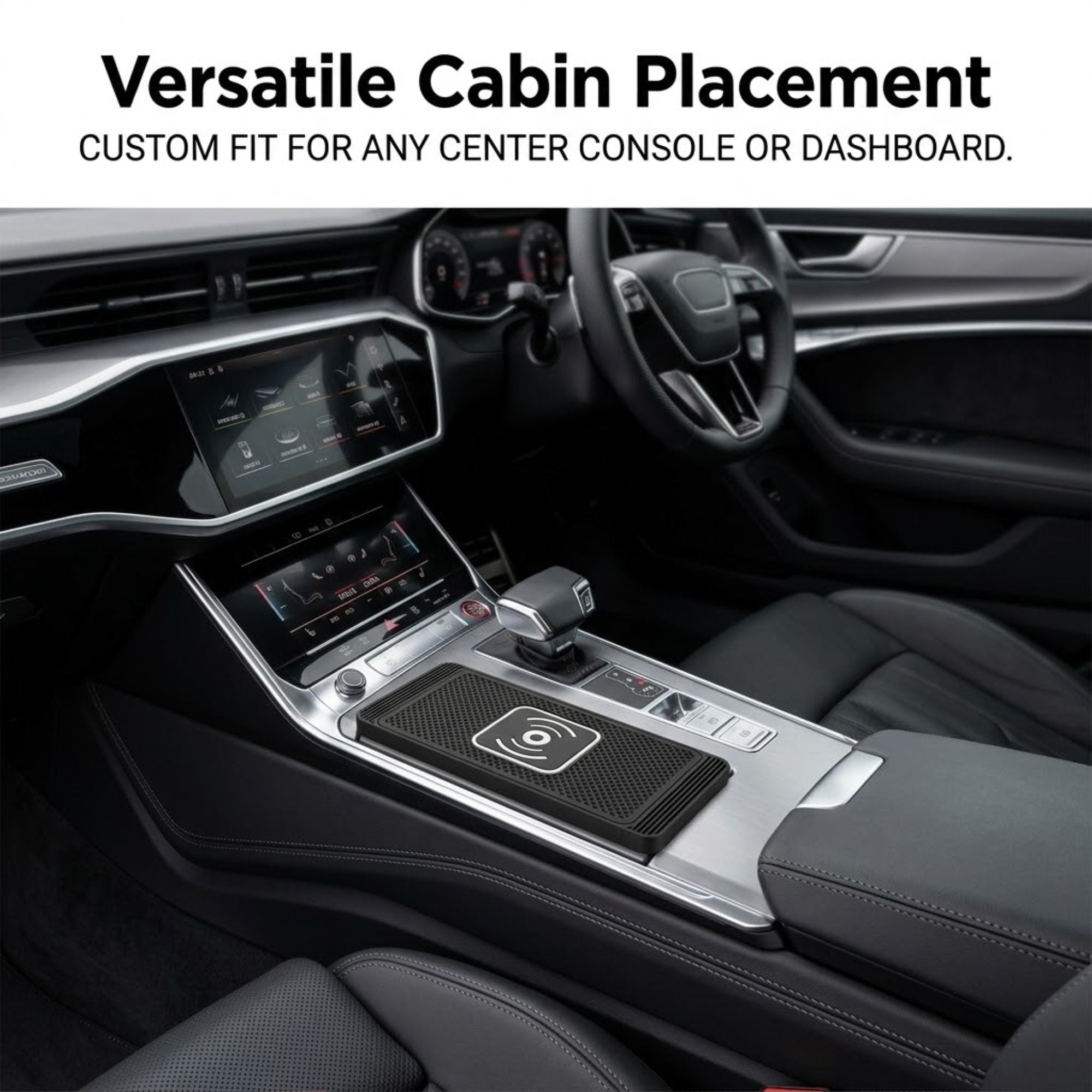 A close-up of a car interior showing the center console and dashboard area, with text at the top reading 'Versatile Cabin Placement' and 'Custom Fit for Any Center Console or Dashboard.' The product appears to be a console-mounted wireless charging pad or similar automotive accessory installed on the center console.