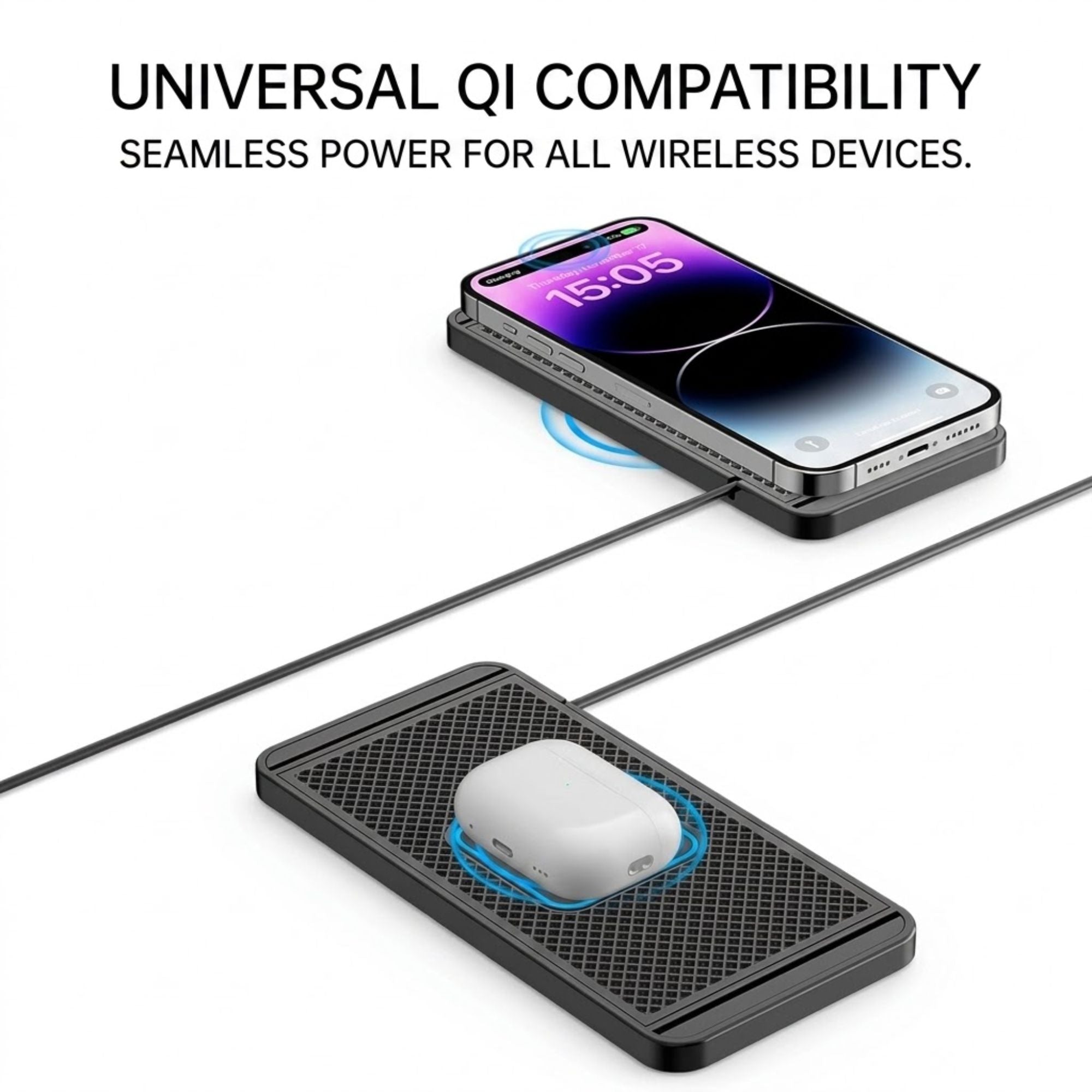 A black dual-device wireless charging pad shown on a white background, with one phone charging on top and a white earbud case charging underneath. Text at the top reads 'UNIVERSAL QI COMPATIBILITY' and 'SEAMLESS POWER FOR ALL WIRELESS DEVICES.