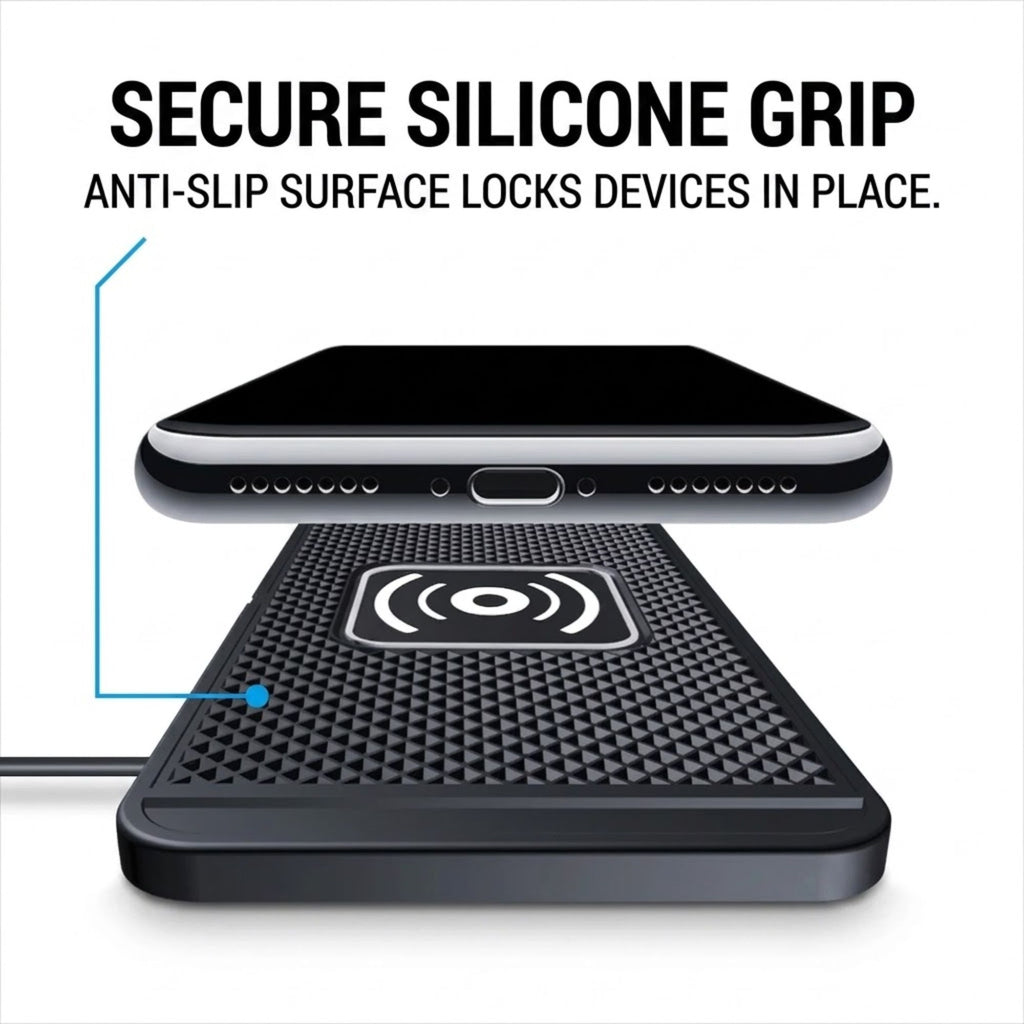 A black textured anti-slip silicone grip pad shown under an iPhone, with text reading 'SECURE SILICONE GRIP' and 'ANTI-SLIP SURFACE LOCKS DEVICES IN PLACE.' on a white background.