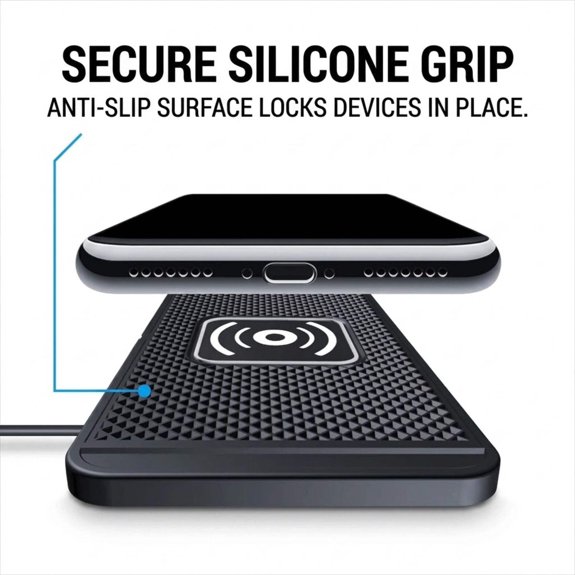 A black textured anti-slip silicone grip pad shown under an iPhone, with text reading 'SECURE SILICONE GRIP' and 'ANTI-SLIP SURFACE LOCKS DEVICES IN PLACE.' on a white background.