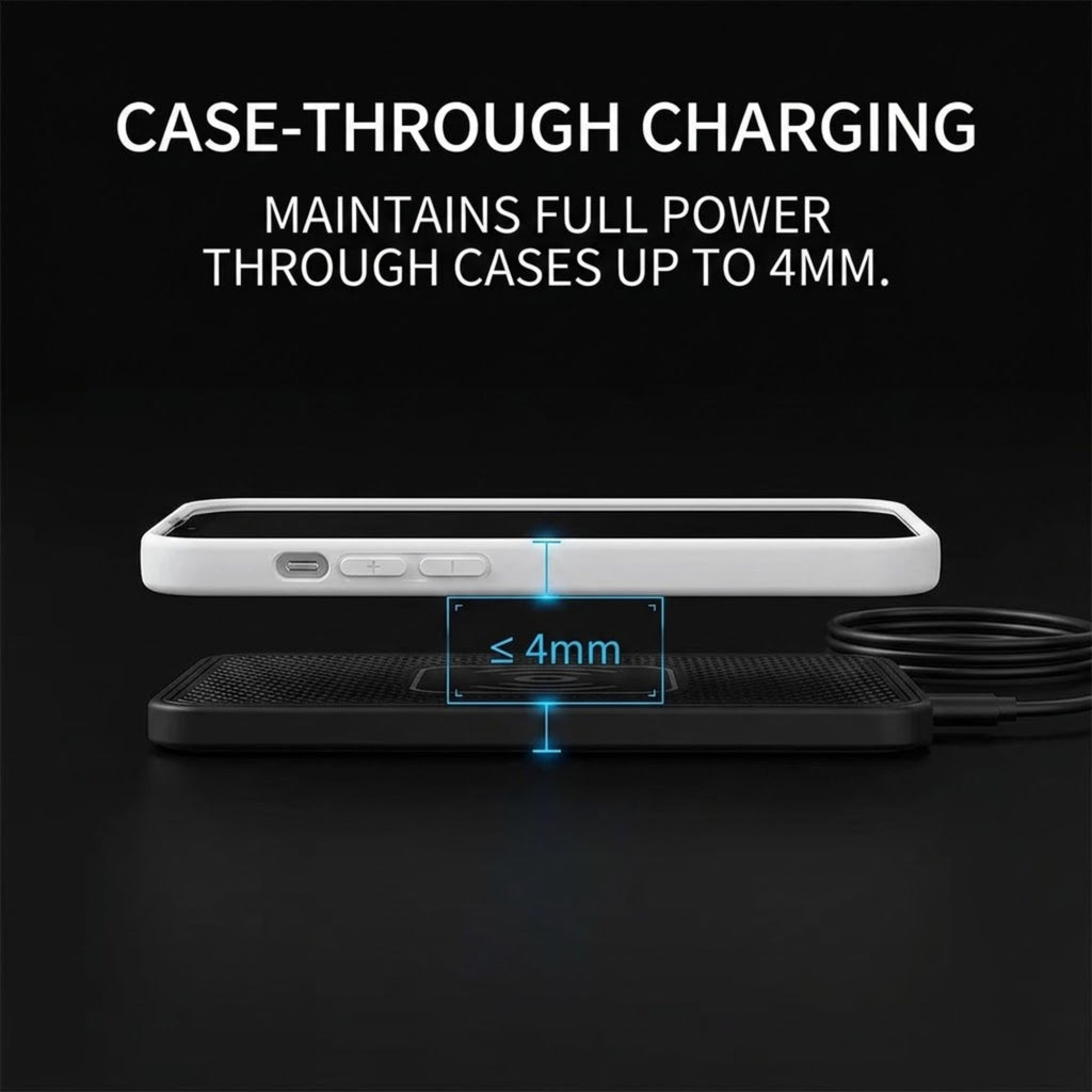 A black wireless charging pad with a white phone case on top, shown with text reading 'CASE-THROUGH CHARGING' and 'MAINTAINS FULL POWER THROUGH CASES UP TO 4MM.' A blue overlay indicates the case thickness is less than or equal to 4mm.
