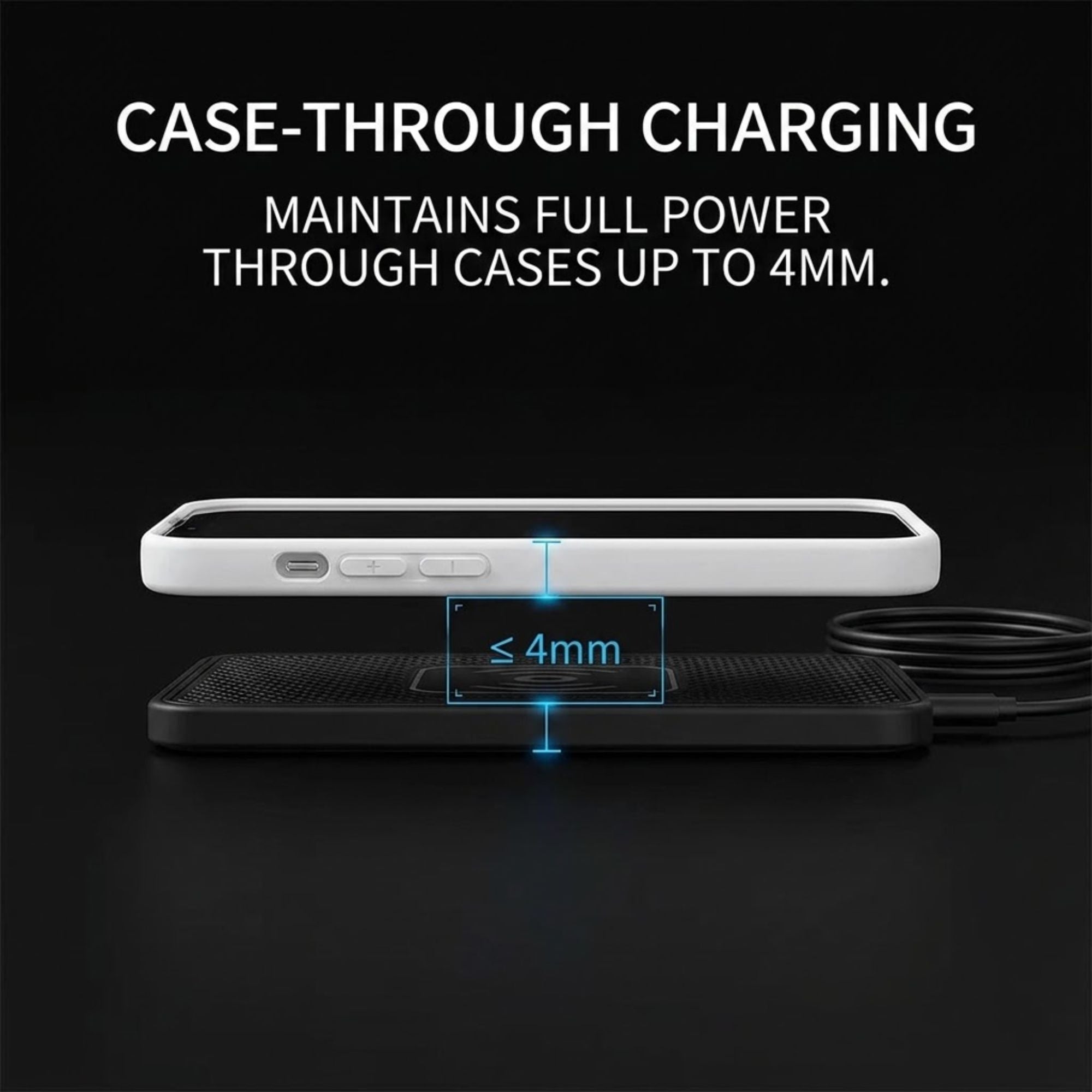 A black wireless charging pad with a white phone case on top, shown with text reading 'CASE-THROUGH CHARGING' and 'MAINTAINS FULL POWER THROUGH CASES UP TO 4MM.' A blue overlay indicates the case thickness is less than or equal to 4mm.