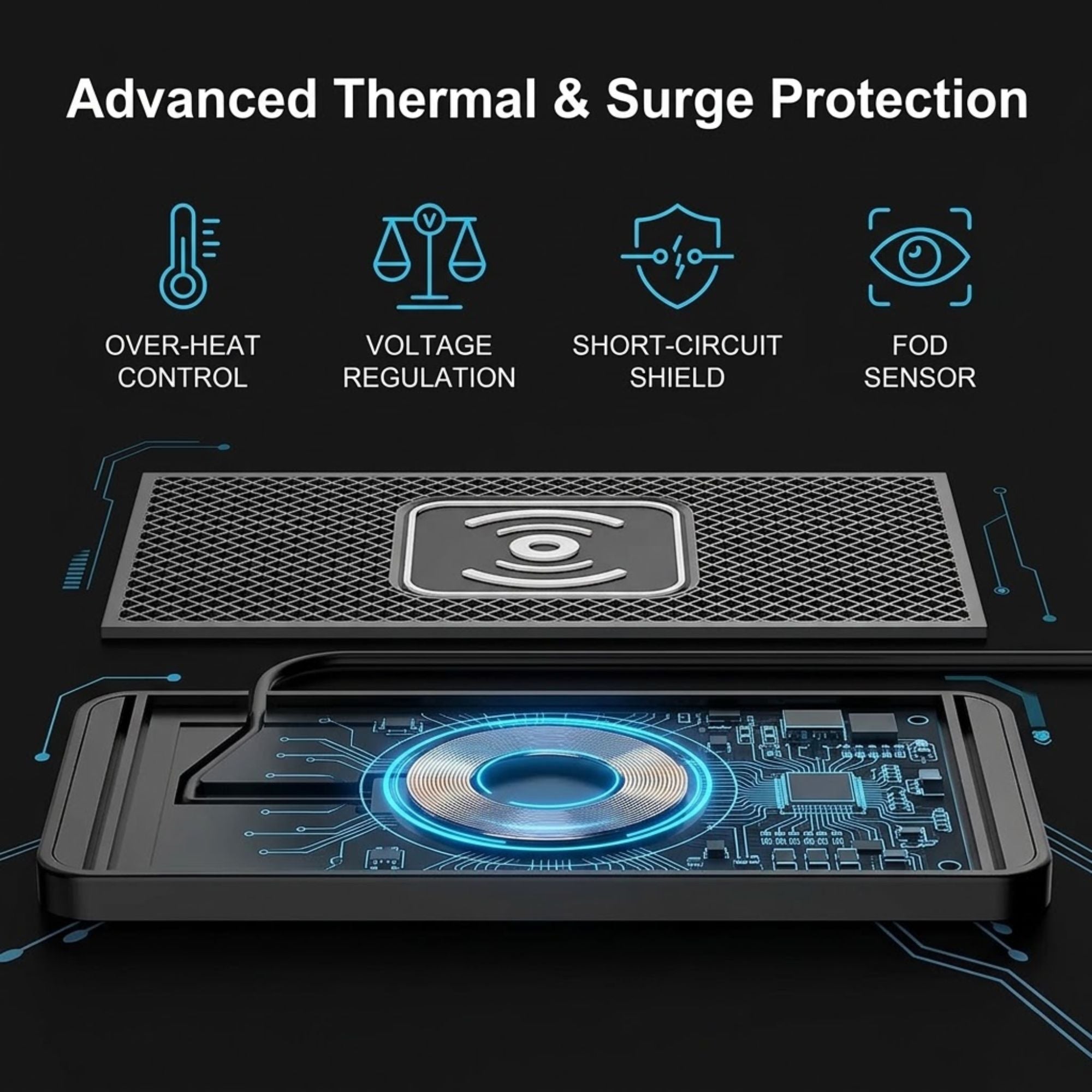 A black rectangular electronic device with a perforated top panel and a glowing blue circuit-board-style underside, shown on a dark background with feature icons and the text 'Advanced Thermal & Surge Protection' above it.