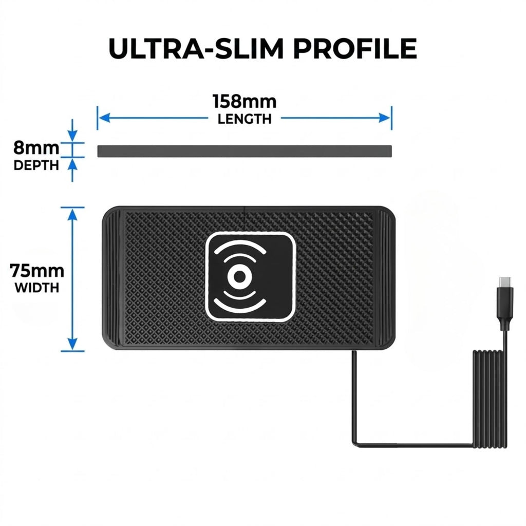 Black rectangular portable device with rounded corners, shown with dimension labels: 158mm length, 75mm width, and 8mm depth, plus an 'ULTRA-SLIM PROFILE' heading and a USB-C cable extension on a white background.