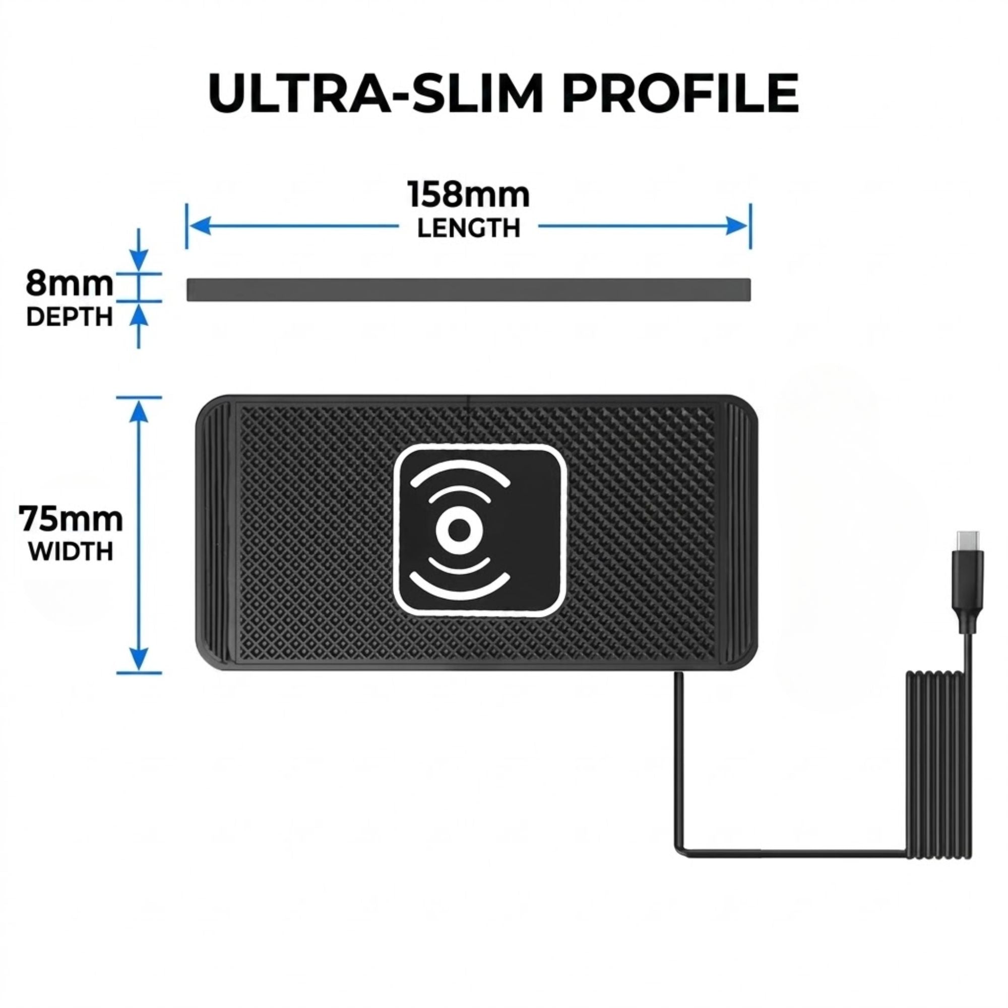 Black rectangular portable device with rounded corners, shown with dimension labels: 158mm length, 75mm width, and 8mm depth, plus an 'ULTRA-SLIM PROFILE' heading and a USB-C cable extension on a white background.