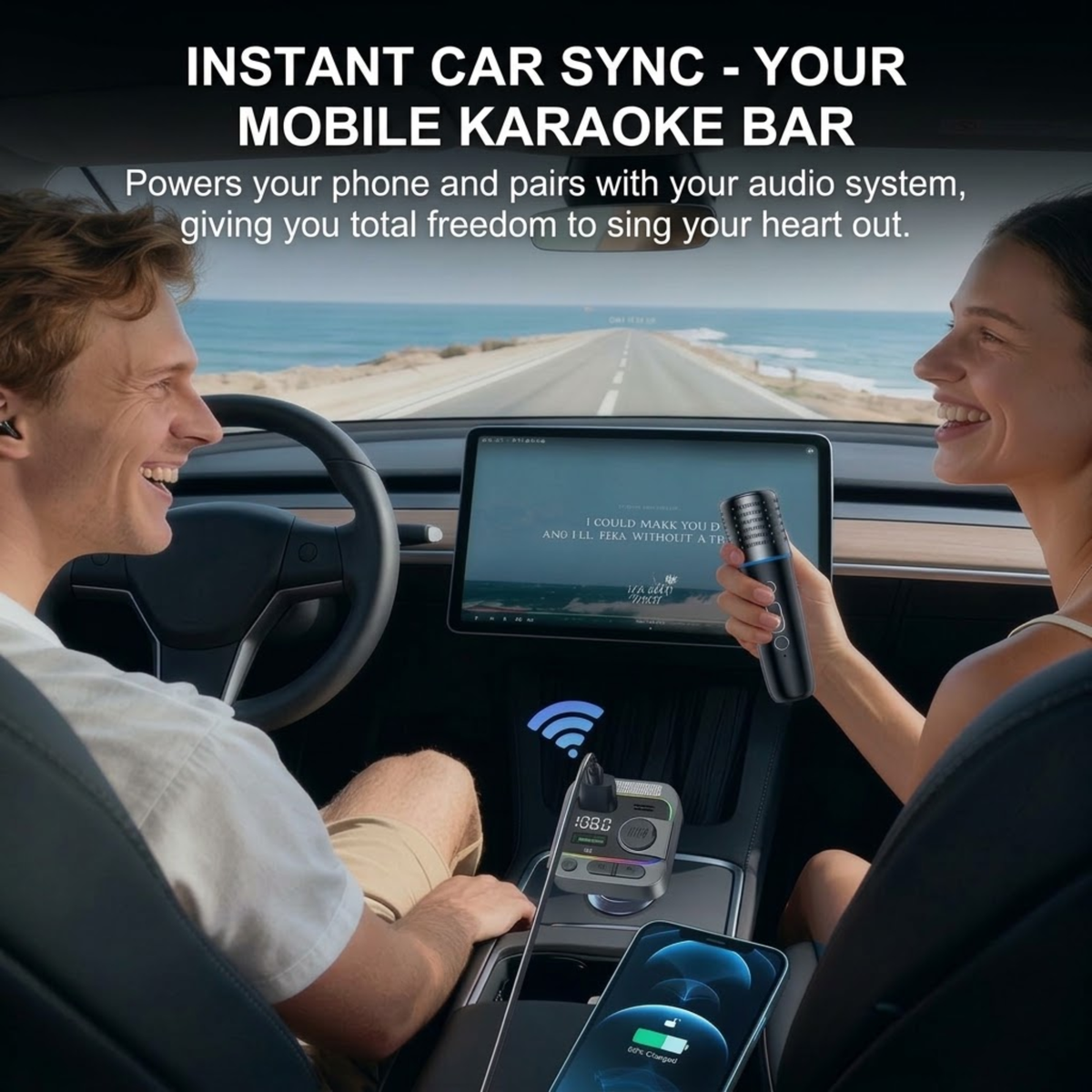 Man and woman singing with the wireless car karaoke microphone while driving, synced instantly to the car's mobile audio system