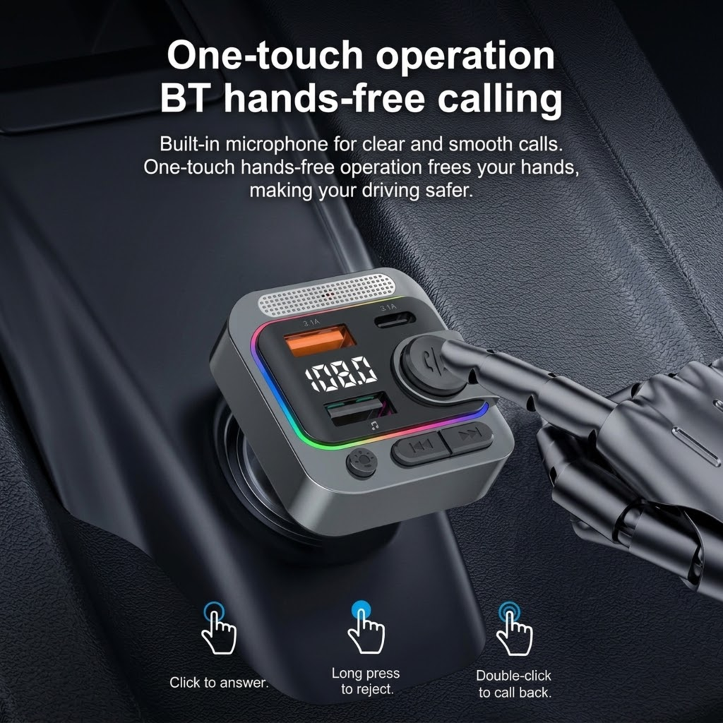 Wireless car karaoke Bluetooth FM transmitter enabling one-touch hands-free calling with built-in microphone for the car