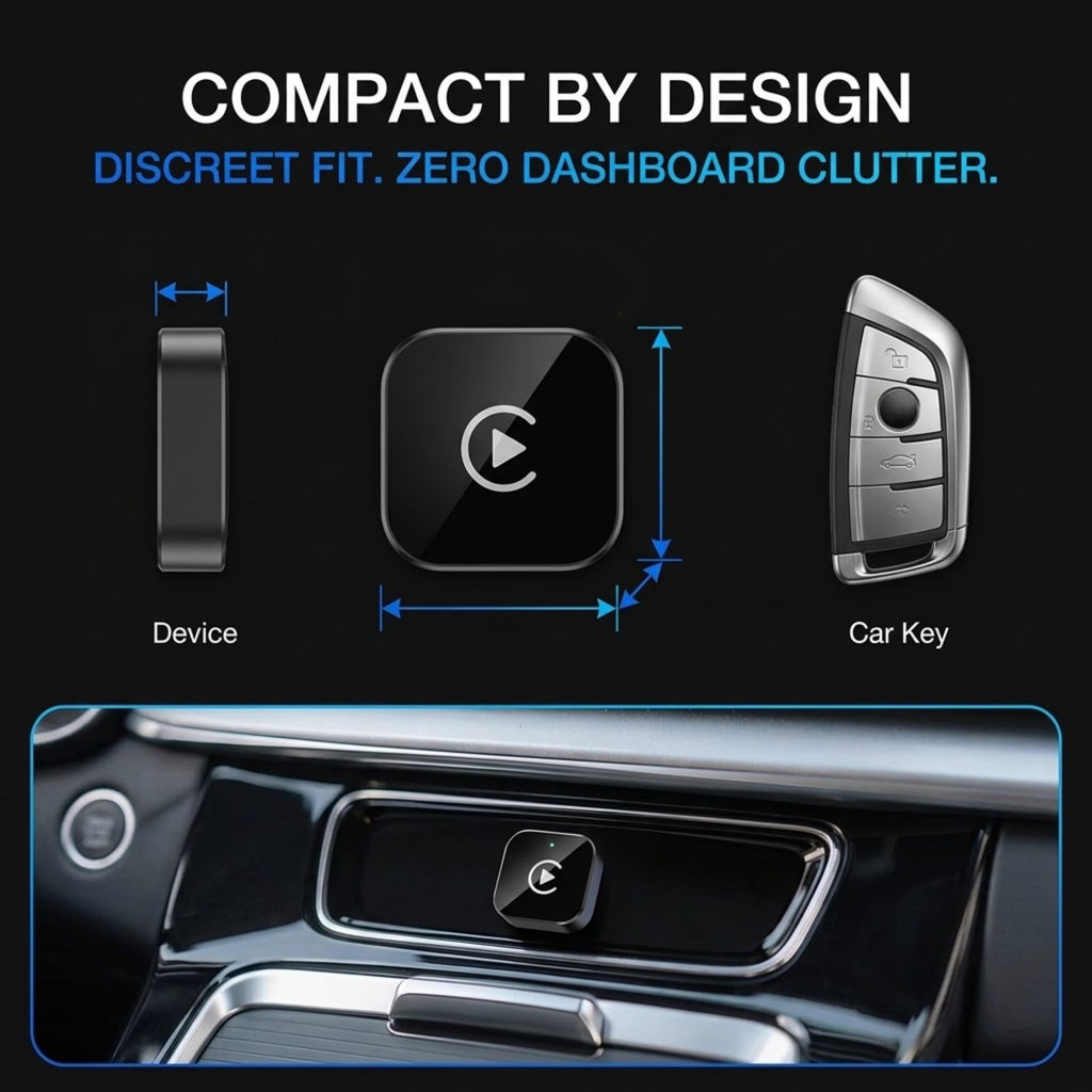A compact black car key fob accessory shown with dimension arrows and labels comparing its size to a car key and device, plus a close-up of it installed on a car dashboard. Text reads 'COMPACT BY DESIGN' and 'DISCREET FIT.