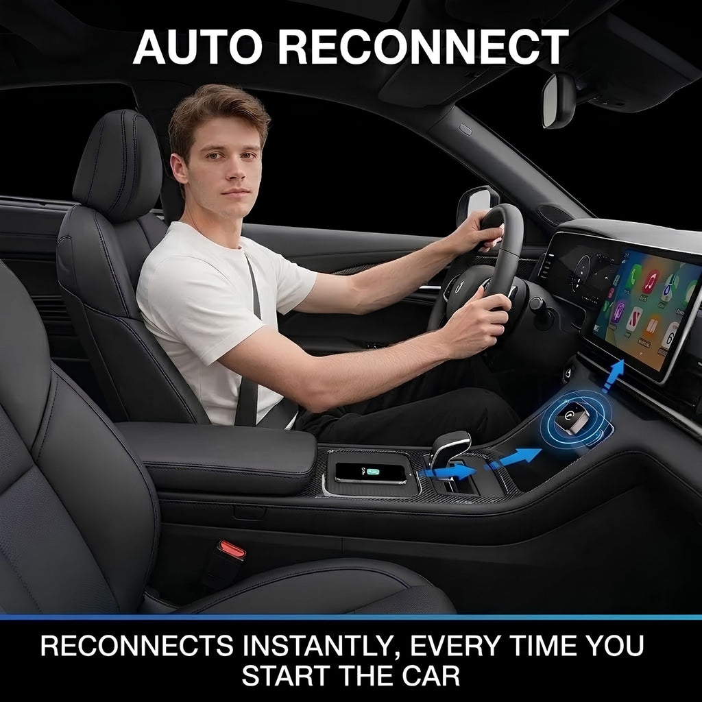 A man sitting in the driver's seat of a car interior, with text reading 'AUTO RECONNECT' at the top and 'RECONNECTS INSTANTLY, EVERY TIME YOU START THE CAR' at the bottom. Blue arrows point from the center console area toward the touchscreen and gear selector, illustrating an auto reconnect feature.