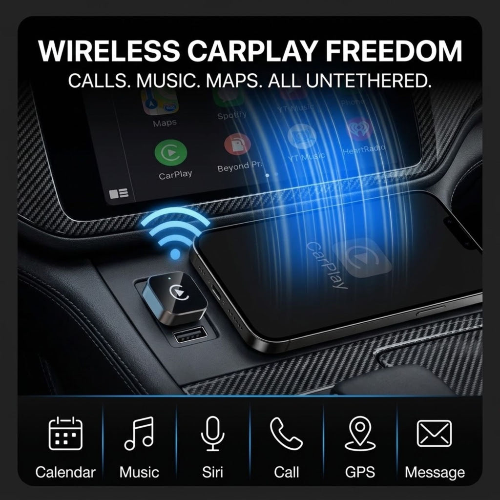 A wireless CarPlay phone charger shown plugged into a car console with a phone resting on a charging pad. The image includes marketing text reading 'WIRELESS CARPLAY FREEDOM' and icons along the bottom for Calendar, Music, Siri, Call, GPS, and Message.