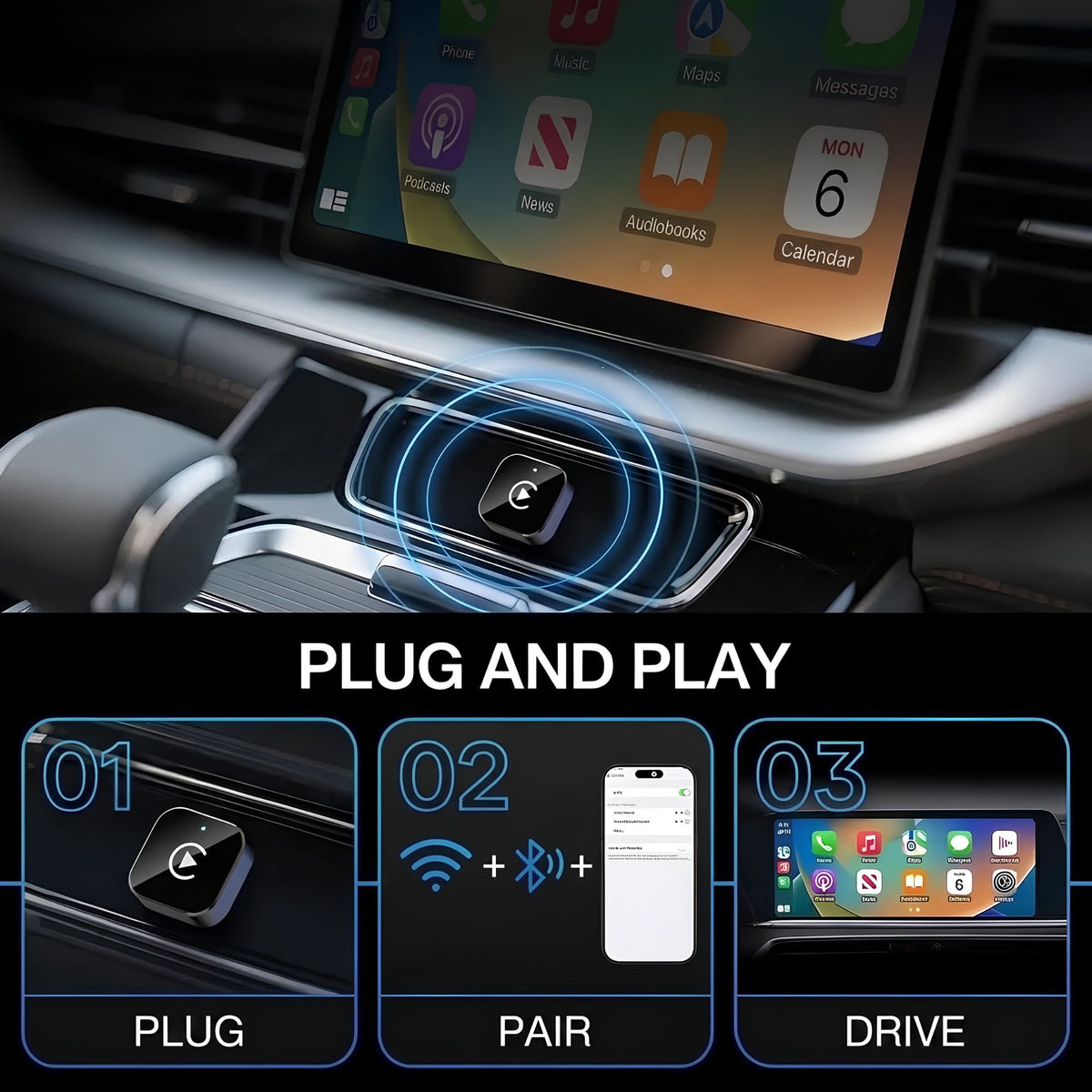 Car wireless Apple CarPlay and Android Auto 2.0 head unit shown plugged into the console, with a digital diagram illustrating signal transmission and a three-step 'PLUG AND PLAY' pairing process.