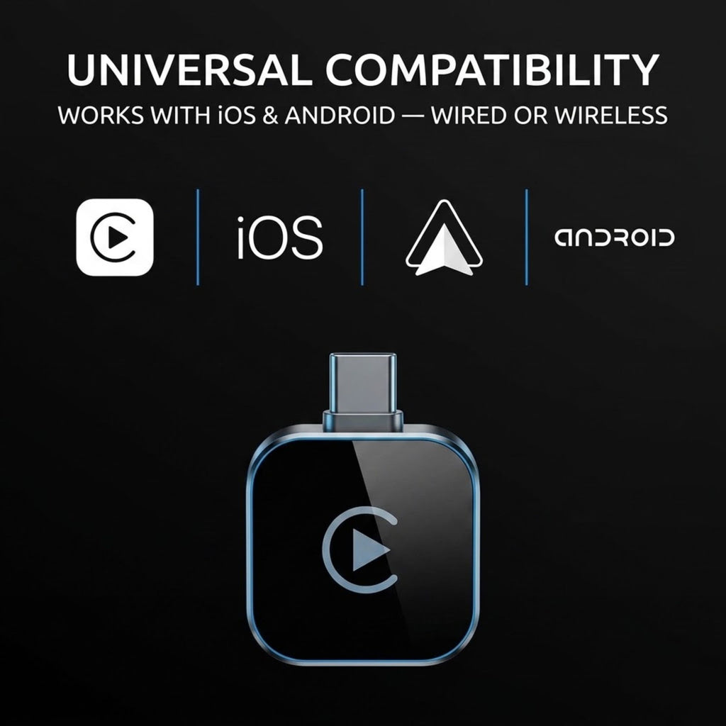 A black square audio adapter or dongle with rounded corners and a USB-C connector, shown on a dark background with text reading 'UNIVERSAL COMPATIBILITY' and logos for iOS and Android.