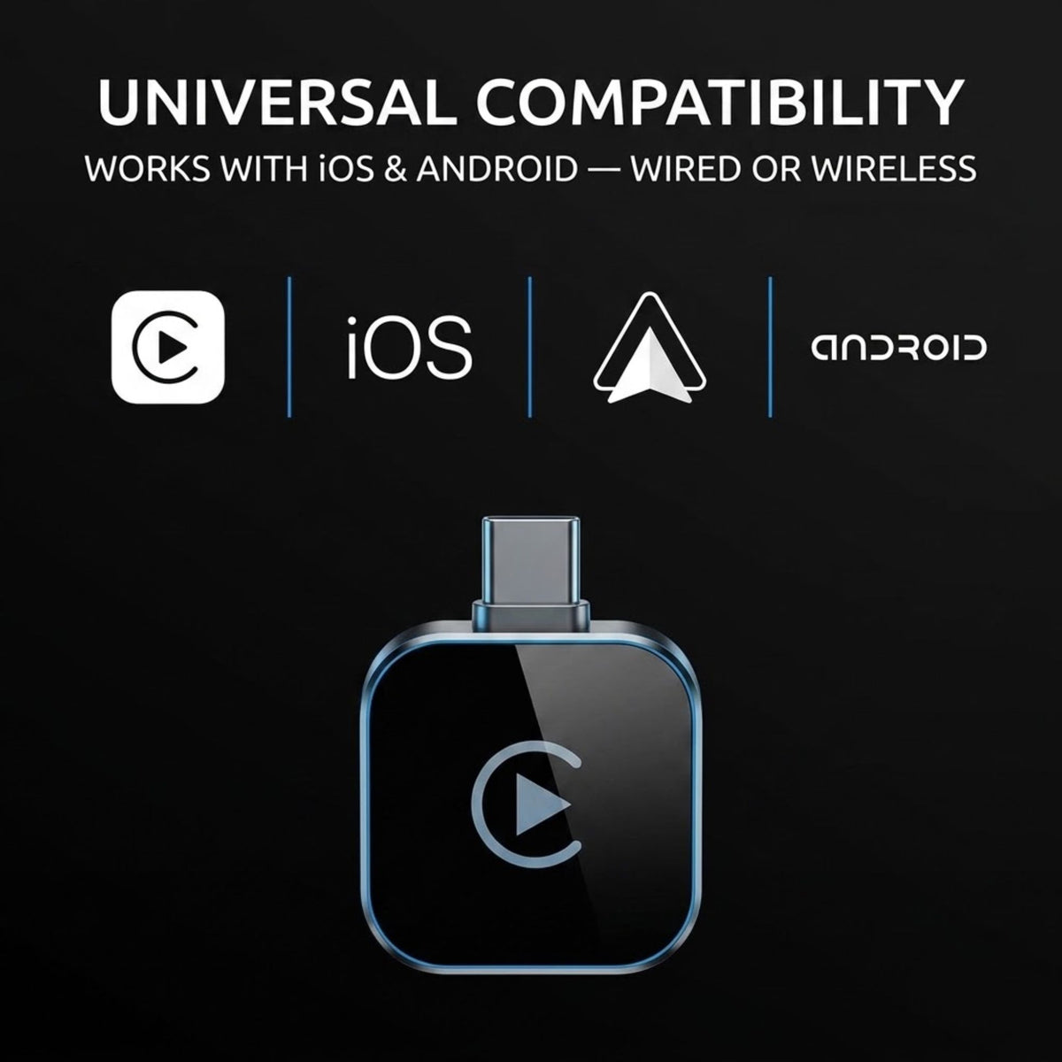 A black square audio adapter or dongle with rounded corners and a USB-C connector, shown on a dark background with text reading 'UNIVERSAL COMPATIBILITY' and logos for iOS and Android.