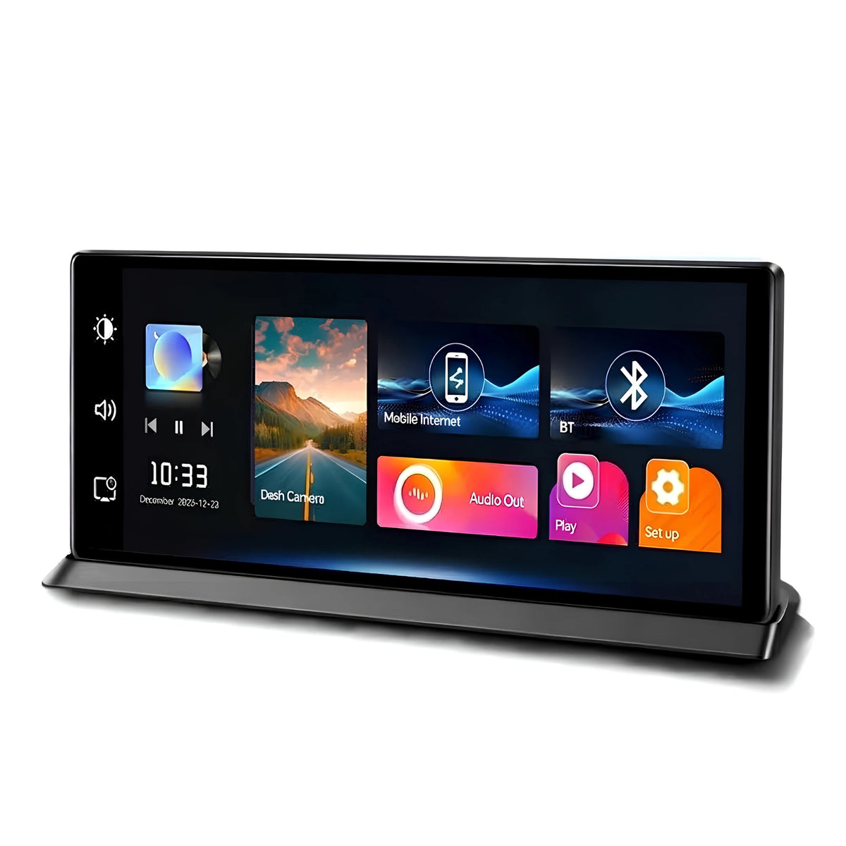 11.3 inch CarPlay and Android Auto dash cam screen mounted on stand, white background