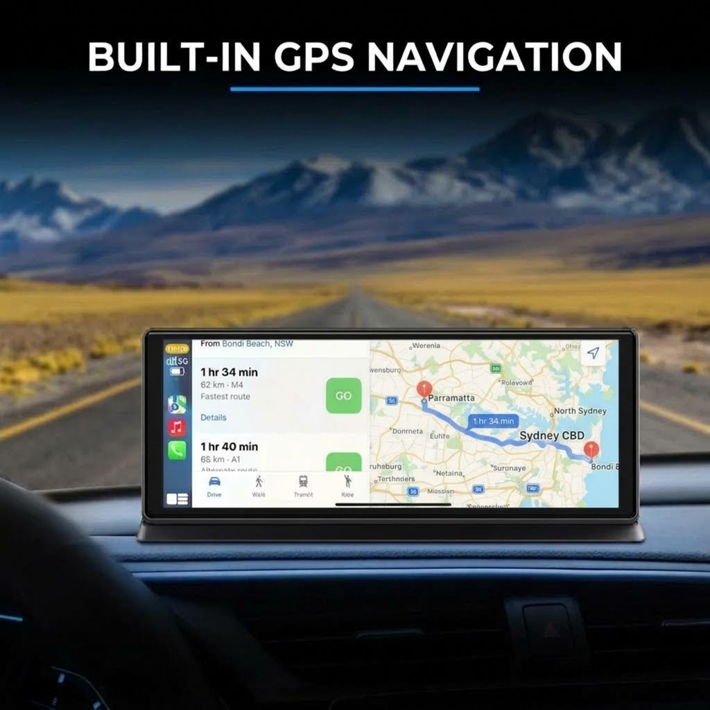 Built in GPS navigation map shown on CarPlay dash screen mounted in car