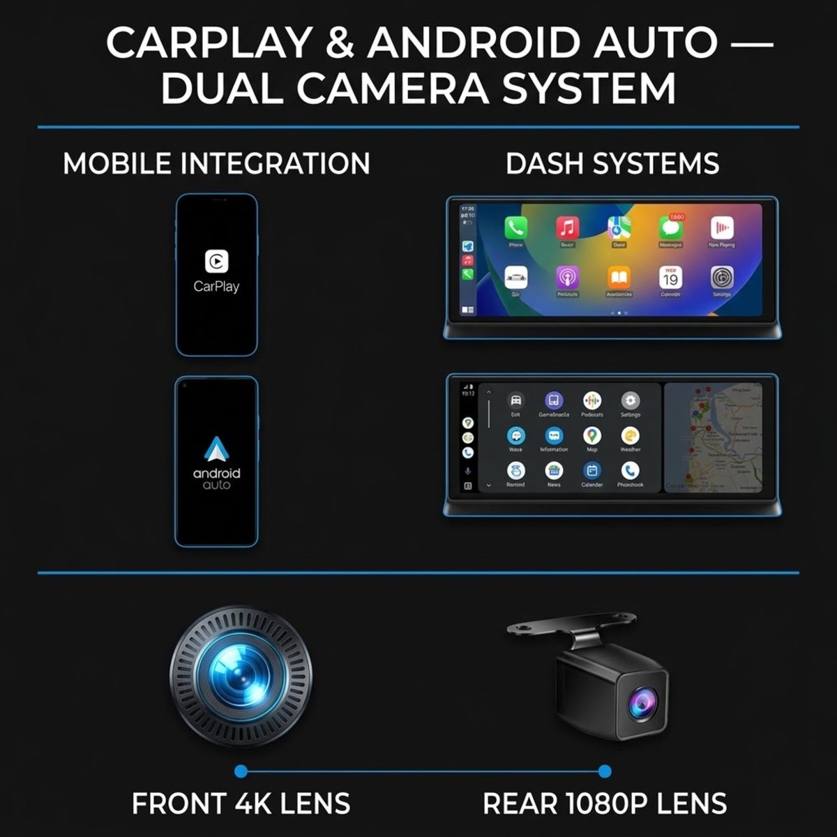 CarPlay and Android Auto dual camera system diagram showing mobile integration and dash systems