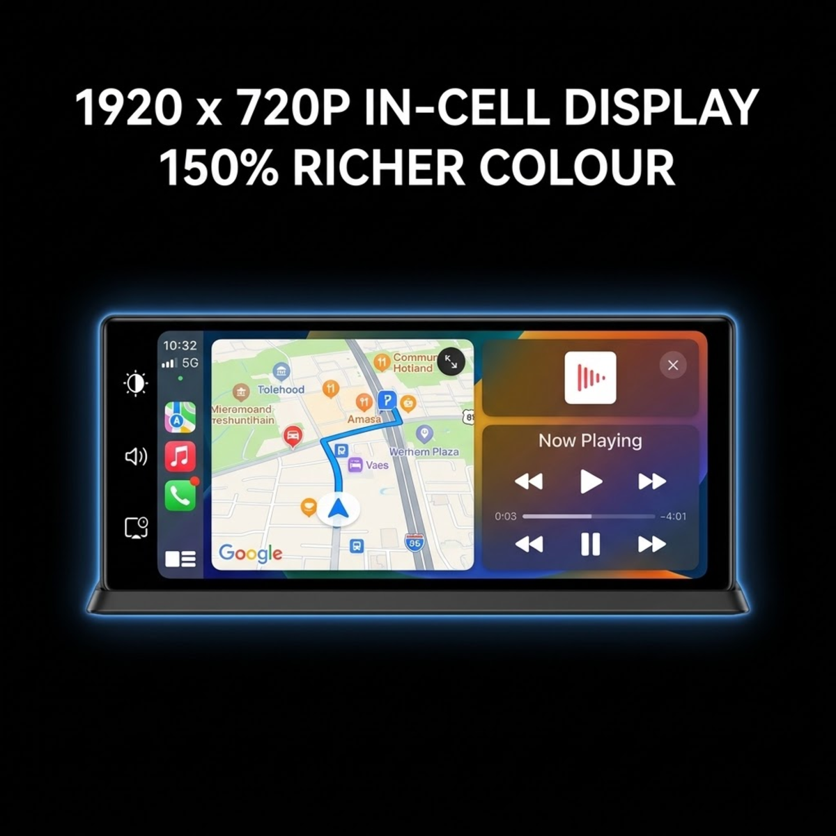 1920 by 720P in-cell display with 150 percent richer colour showing GPS map and media controls