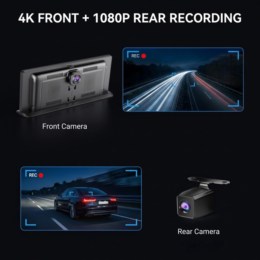 4K front camera and 1080P rear camera dash cam recording shown on split screen at night