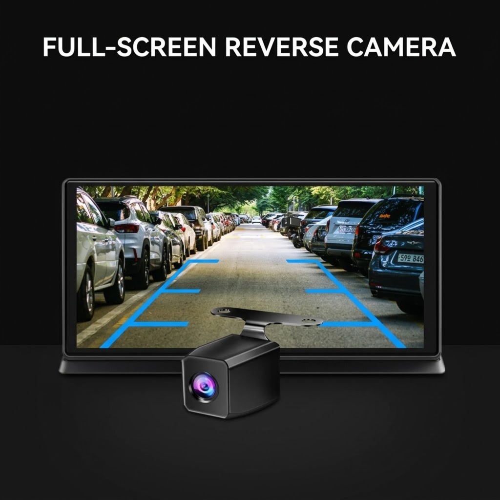 Full screen reverse camera view with blue parking guide lines on CarPlay dash screen