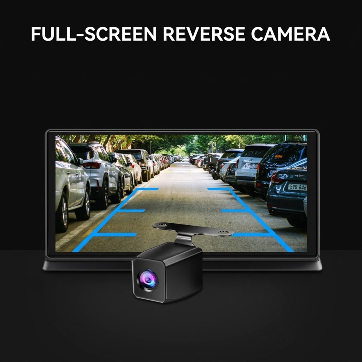 Full screen reverse camera view with blue parking guide lines on CarPlay dash screen