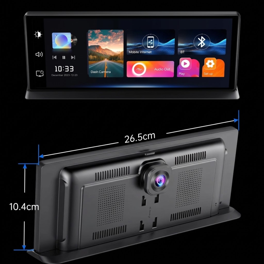Rear view of 11.3 inch CarPlay dash cam unit showing dimensions and rear camera lens