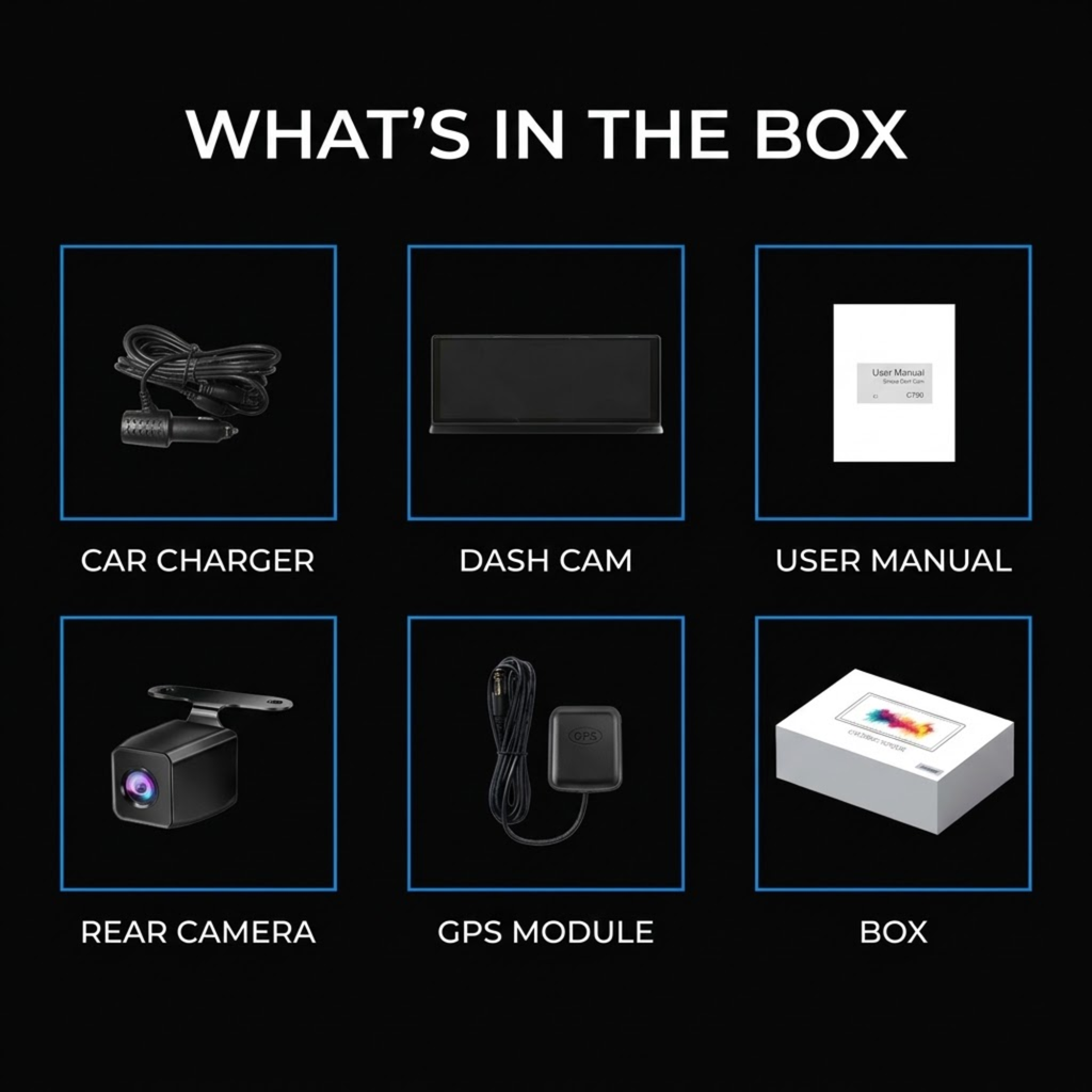 Whats in the box showing car charger, dash cam unit, user manual, rear camera and GPS module