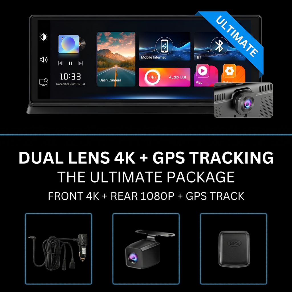 Dual lens 4K dash cam bundle with GPS tracking module, rear camera and main unit