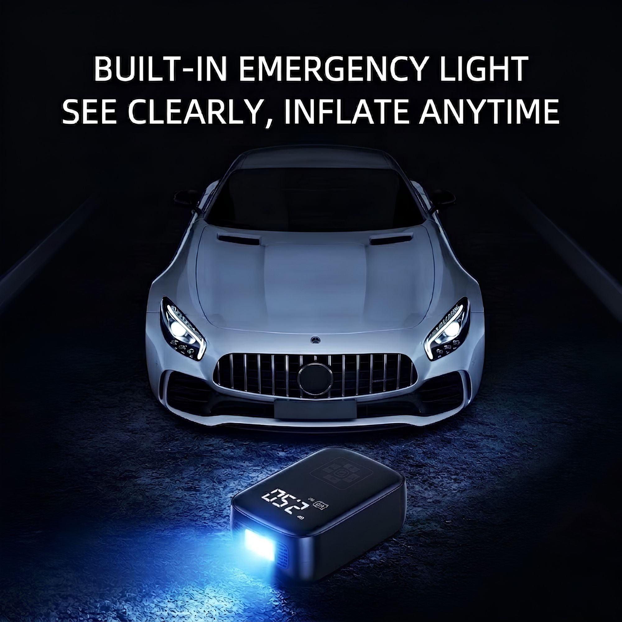 A car shown from the front in a dark scene with text reading 'BUILT-IN EMERGENCY LIGHT SEE CLEARLY, INFLATE ANYTIME' above it. In the foreground, a small rectangular electronic device with a digital display and bright blue light is placed on a dark surface, suggesting an emergency light accessory for a car.