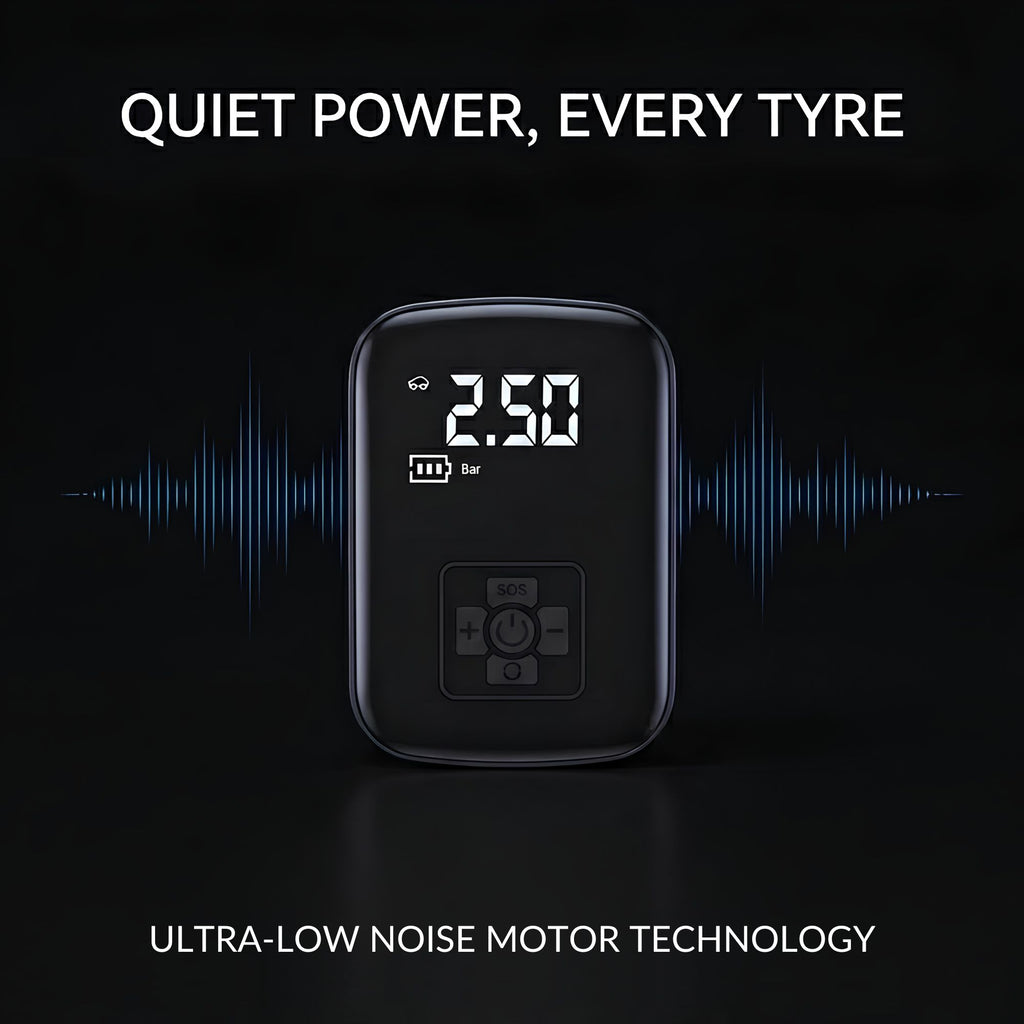 A black tire pressure gauge with a digital display showing 2.50, centered on a dark background with blue soundwave graphics and white text reading 'QUIET POWER, EVERY TYRE' and 'ULTRA-LOW NOISE MOTOR TECHNOLOGY'.