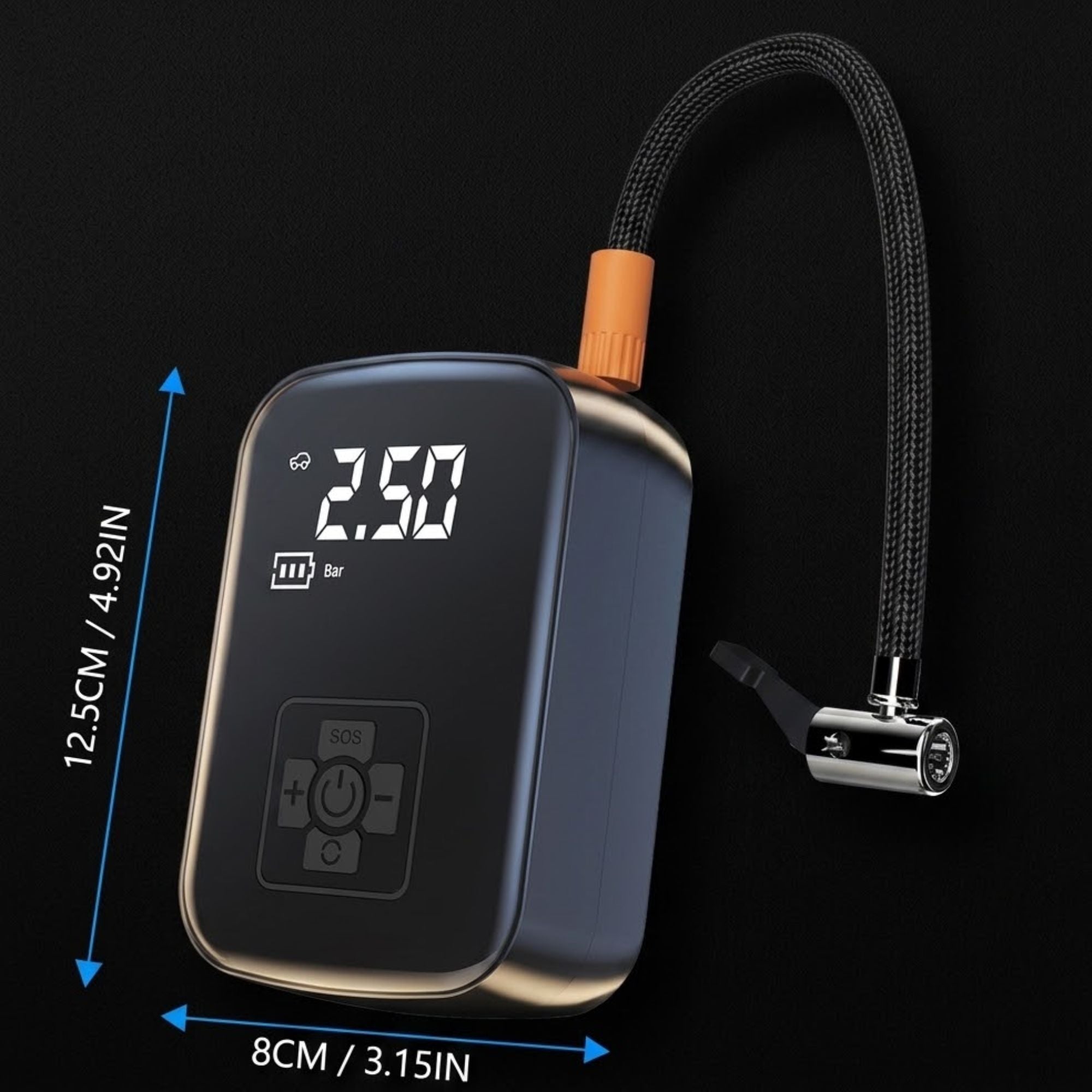 A digital air pump gauge with a black body, orange accent, and attached black hose on a black background, with blue dimension arrows and text showing 12.5CM / 4.