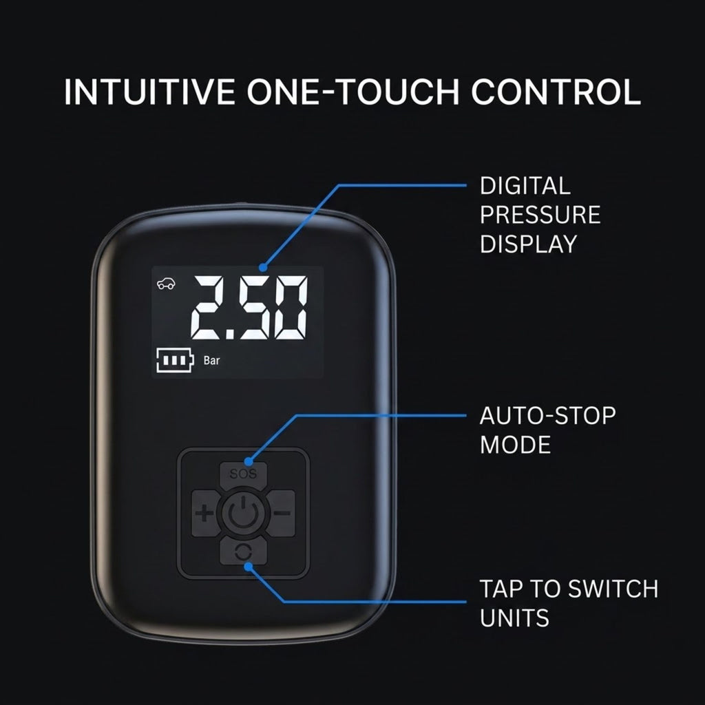 A black handheld electronic device with a digital pressure display and directional control buttons, shown on a dark background with callout text reading 'INTUITIVE ONE-TOUCH CONTROL,' 'DIGITAL PRESSURE DISPLAY,' 'AUTO-STOP MODE,' and 'TAP TO SWITCH UNITS.'.